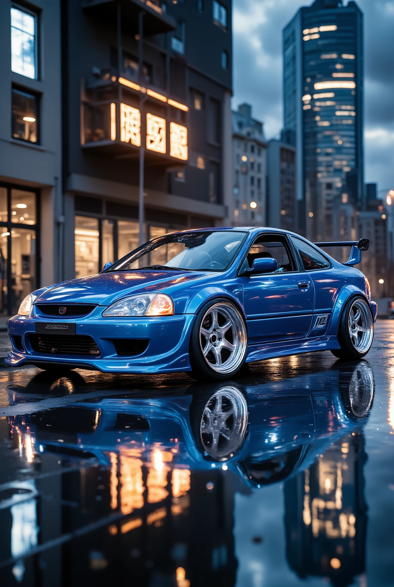 Create a cool, state-of-the-art drift car based on the 1996-2001 Honda Civic VI coupe, demonstrating ((modern drift tuning)). The car should have an understated fit, aggressive body kit, wide fenders, (turned-out wheels) and (cast silver sparkling aluminum wheels), wide tires. Use details such as a protruding rear wing, a custom exhaust system, and bright paint.( The color of the car is 424 Briefcase Metallic Blue ). Emphasize the sporty aesthetic by paying special attention to improved features such as an upgraded suspension and braking system. The background should reflect the dynamic drift scene in a large metropolis in the evening, emphasizing the possibilities of the car in action. Incredible dynamics and speed. Sparkling beauty and power. (a masterpiece:1.2,EXCEPTIONAL QUALITY,mirrored,cinematic experience,photorealistic:2.0,RAW Photos:2.0,Super detailed),8k,wallpaper