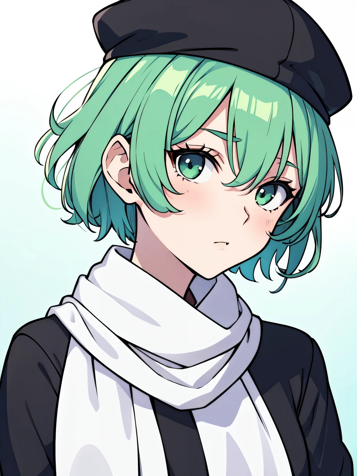 masterpiece, best quality, highres, portrait, 1girl, short green pastel hair, short hair, looking at viewer, long scarf, japanese, black shirt, tomboy, neutral face. Hat