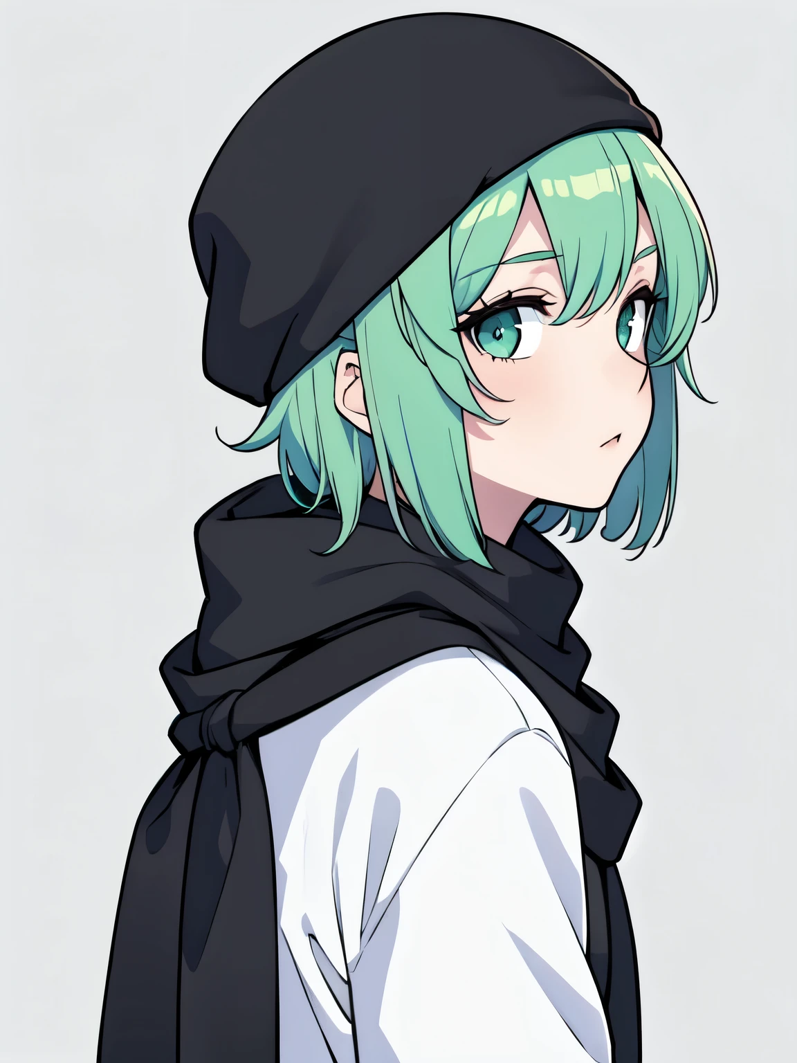 masterpiece, best quality, highres, portrait, 1girl, short green pastel hair, short hair, looking at viewer, long scarf, japanese, black shirt, tomboy, neutral face. Hat