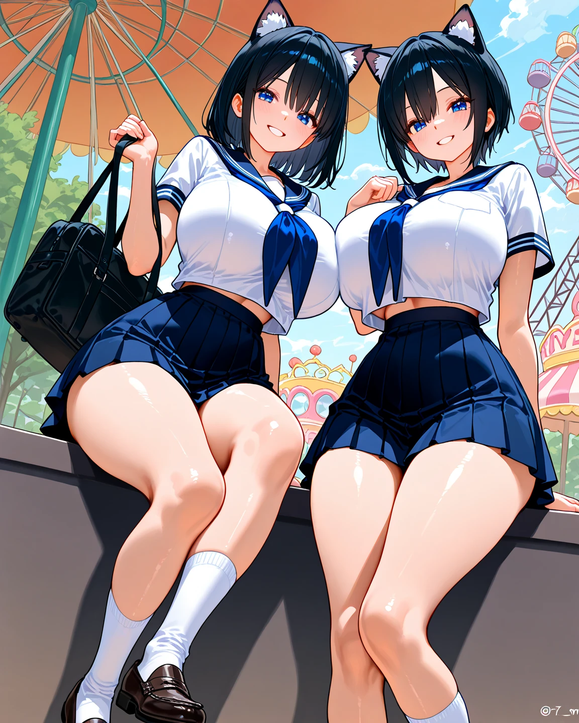 Highest quality、High resolution、Detailed Background、(Beautiful face in every detail:1.4)、Anatomically correct、(Detailed facial expressions)、
age beauty、(Highly detailed face:1.2)、(Huge breasts:1.2)、cute hair color、Bobcut、ponytail、cute hairstyle、Attractive Big Butt、Perfect body line、well-groomed eyebrows、cute gesture、
(Two beautiful girls sitting at a desk in a classroom with big smiles:1.5)、
Navy blue sailor suit、White sailor collar、Pleated mini skirt、White Stockings、
Under the skirt、Under the skirt、(close-up underwear:1.3)、View from below、Are standing、
Butt、Panty shot、(underboob:1.3)、Panty Shot、cute