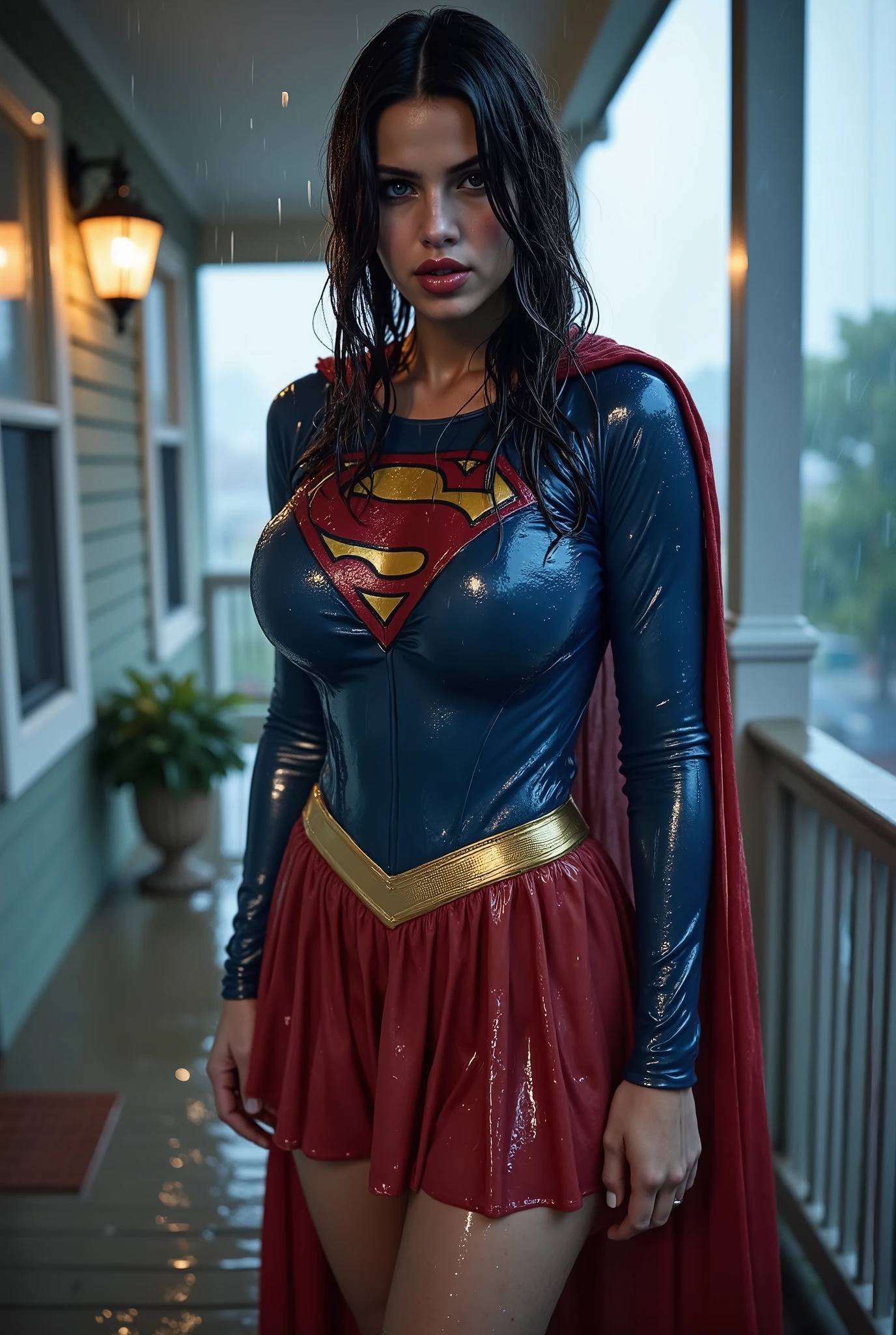 JAPANESE GIRL (WEARING A SUPERGIRL COSTUME AND CAPE) A VERY SEXY BLUE EYED, BLACK JAPANESE GIRL WEARING A SUPERGIRL COSTUME AND CAPE. SOAKING WET FROM THE RAIN OUTSIDE THE FRONT PORCH POUTING. COMPLETELY SOAKED AND WET.4K, 8KHAIR AND CLOTHESB AND CAPE DRENCHED IN RAIN. 4K RAIN, 4K WATER BEADS, 4K HIGH RESOLUTION, SHARP CRYSTAL CLEAR IMAGE, PROUDLY WEARING THE 'S" EMBLEM.