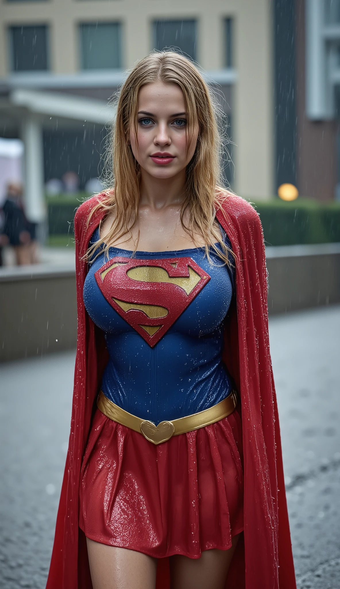 A BLUE EYED, A VERY MATURE YOUNG CUTE, PETITE BLONDE GIRL WEARING A SUPERGIRL COSTUME AND CAPE. SOAKING WET FROM THE RAIN OUTSIDE WALKING. COMPLETELY SOAKED AND WET.4K, 8KHAIR AND CLOTHESB AND CAPE DRENCHED IN RAIN. 4K RAIN, 4K WATER BEADS, 4K HIGH RESOLUTION, SHARP CRYSTAL CLEAR IMAGE, PROUDLY WEARING THE 'S" EMBLEM.