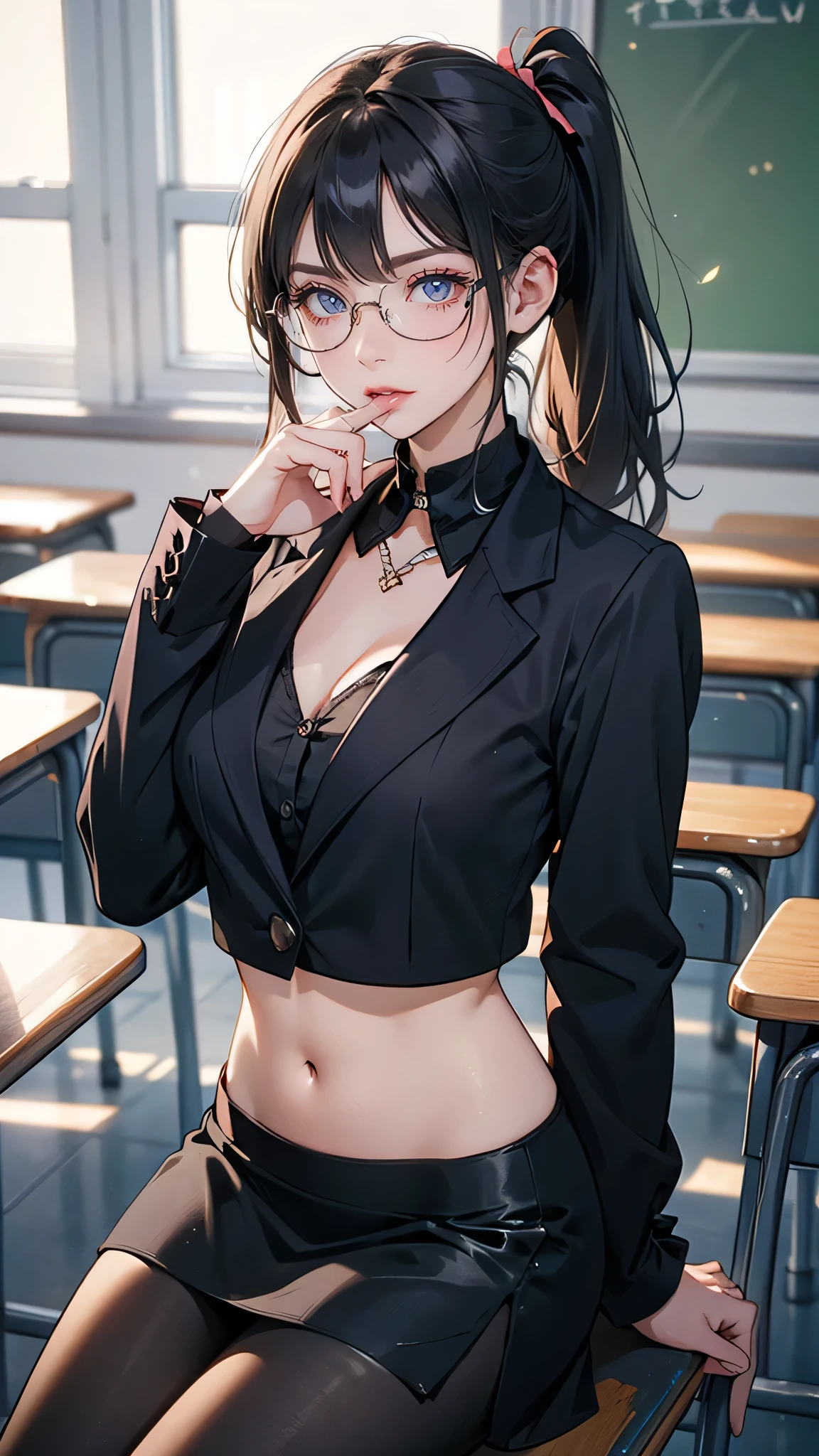 ((masterpiece)), ((best quality)), (ultra-detailed), ((sexy)), (ero), ((extremely detailed)), 4K, (8K), best quality, (beautiful),
1girl, ((beautiful blue eyes)), beautiful black twintail hair, glasses,
in the classroom, lift up one's skirt, squatting,
high school uniform, open-button shirt, pleated skirt, stockings, pumps shoes, ((White panties, cameltoe)),
buttocks, large breast, sweaty, wet body, navel out, thighs out, slim, slender, ribon, ashamed, blush, translucent body, Transparent, shiny-glistening, gleaming,