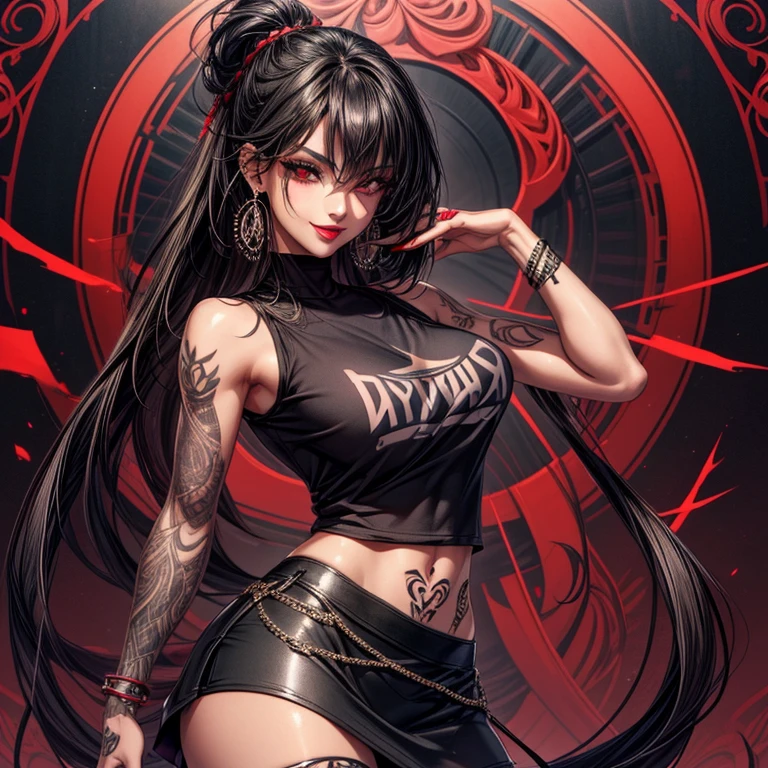 absurd, highres, ultra detailed, (ultra-detailed background, detailed background), extremely detailed, 1girl, demonic woman, red skin on arms, bouquet of black flowers, (zentangle:1.2), (geometric:1.2), colorful, full body, sexy pose, short clothes, dragon tattoo, stars, tiny thong, almost naked, muscular, perfect body, vietnamese ornaments, demon of japanese culture