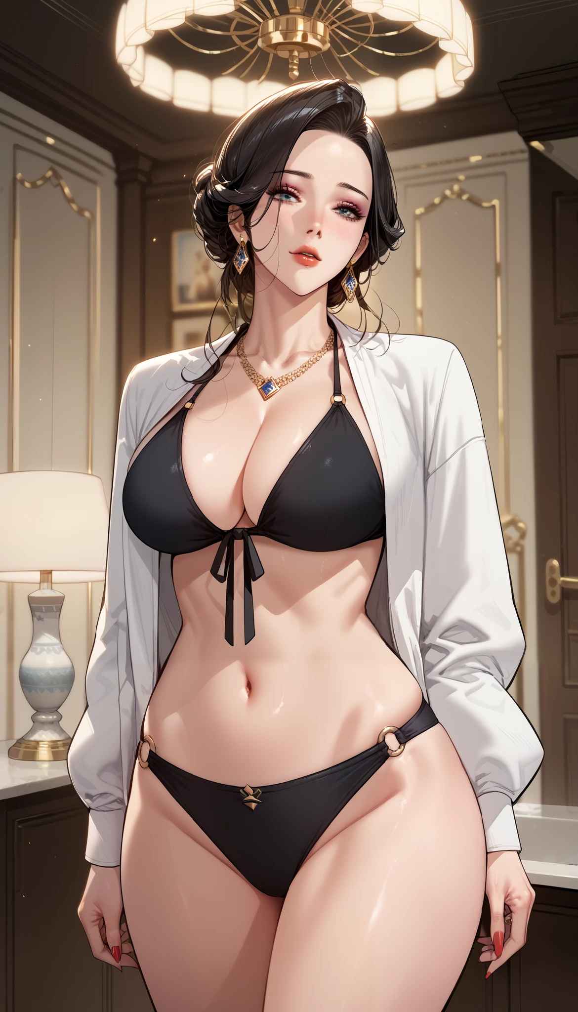 Score_9, Score_8_up, Score_7_up, Source_anime, anime art, anime style, very aesthetic, masterpiece, high quality, cool character, mature woman, milf, ,    ,  ami , Ami (queen bee manhwa)  ,black  bikini, 