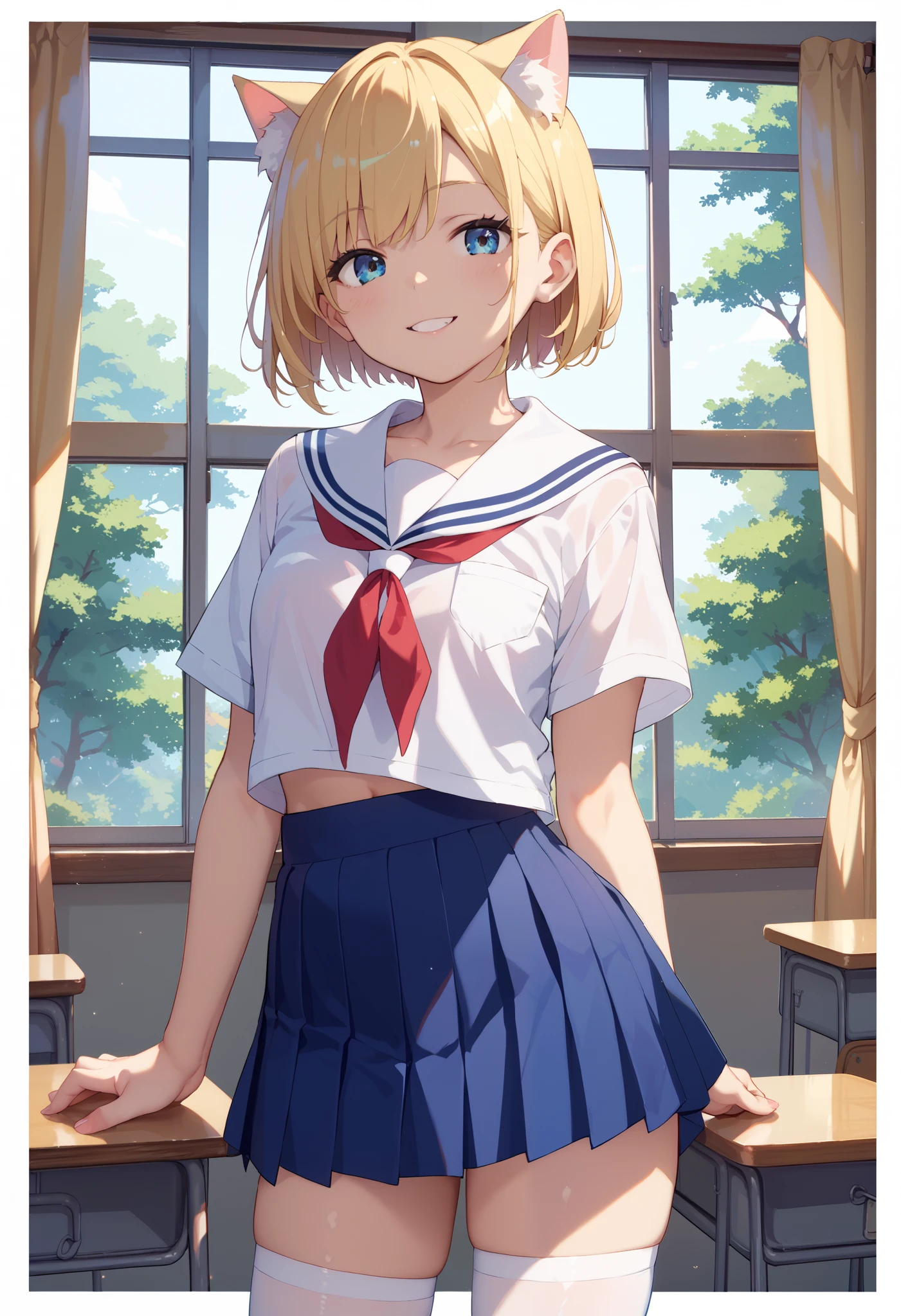 high quality high school girl Cat ear School Transparency beautiful girl random pose Mikoto rose huge boobs white sailor suit navy blue mini skirt white knee highs beautiful skin smile Bob Cut Blonde Hair、 Brilliant Sunrises 、Classroom from Another World 、Good morning scene