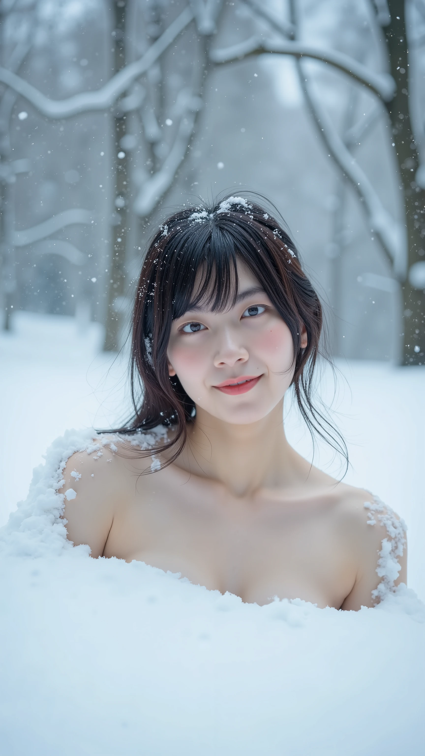 A high resolution photograph of a naked Japanese woman buried in the snow with only her upper shoulders sticking out above the snow surface. Powder snow falls on her. Intricate details, 8k,