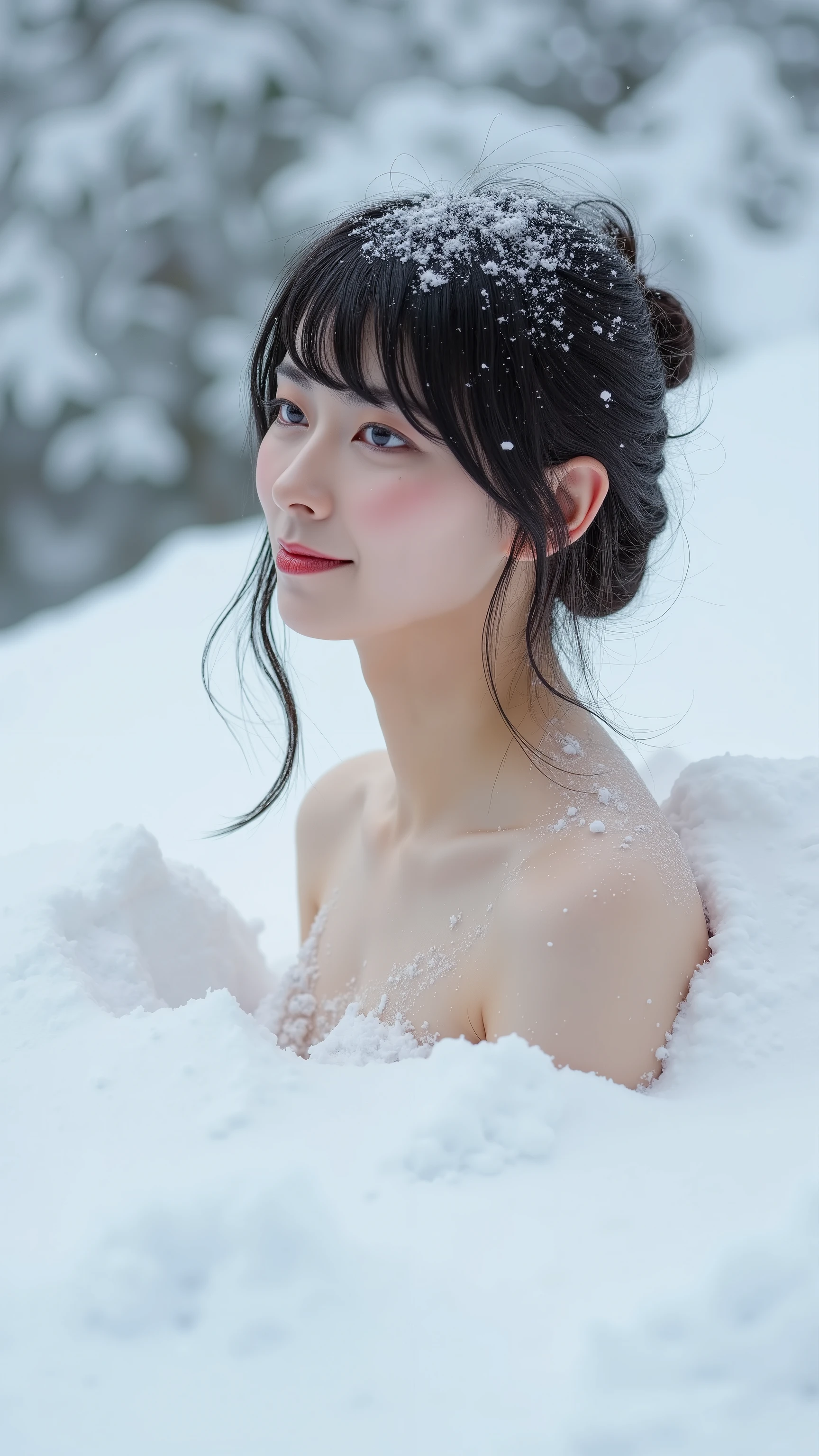 A high resolution photograph of a naked Japanese woman buried in the snow with only her upper shoulders sticking out above the snow surface. Powder snow falls on her. Intricate details, 8k,