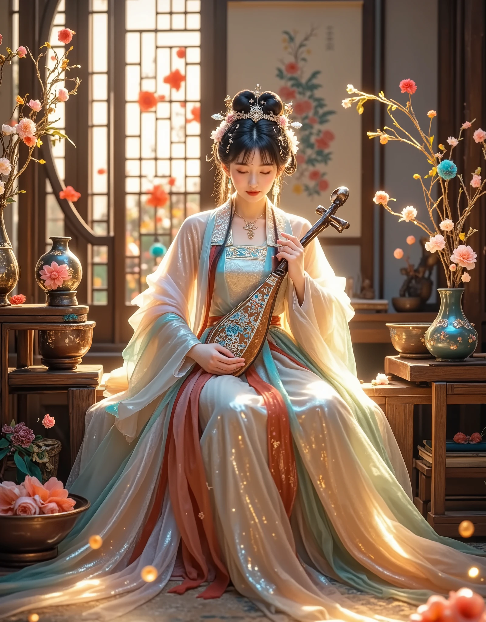 a young woman wearing traditional chinese hanfu, flower hairpin, flower crown, smiling, holding a blue and orange lacquer vase with intricate patterns, lacquer vases on a wooden table, backdrop of calligraphy scroll, ink brush calligraphy, indoor chinese style, lacquer vase, bowl, traditional chinese lacquerware, smooth surface, deep tones, traditional craftsmanship, fine texture, artwork, cultural elements, blend of modern and traditional, window, side lighting, sky and red flowers outside window, backlighting, rim lighting, spotlight