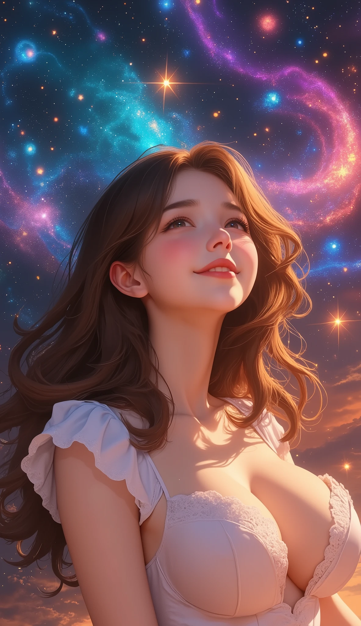  high detail,  more details,  super high definition,  A girl having a great time in the galaxy of her dreams , Surrounded by stars, The warm light that shines on her,  background is a starry sky with colorful galaxies and galactic clouds, The flying stars surrounding her々, delicate face,  Adding a Playful Atmosphere  , 