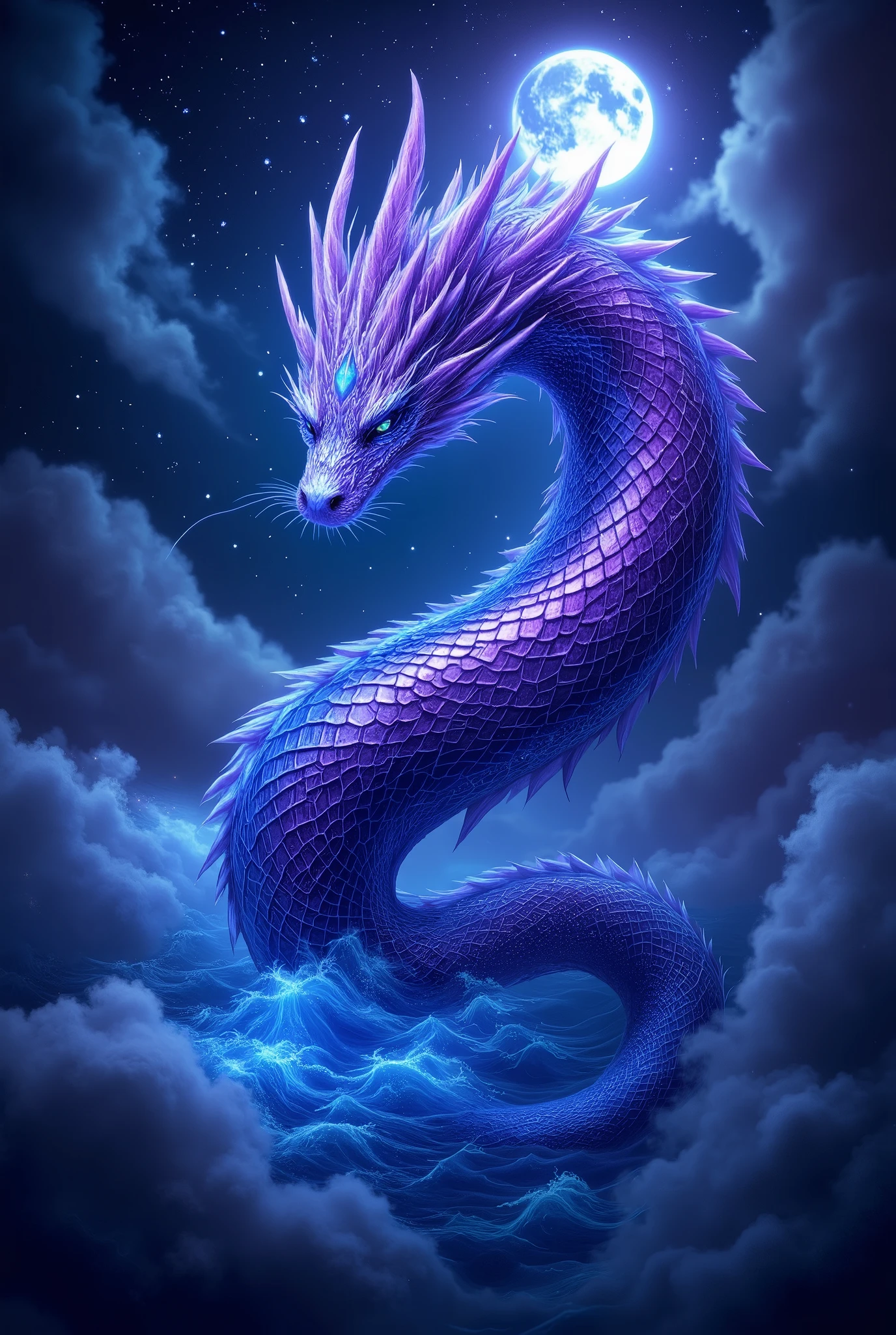 fantasy style, огромная змея beautiful детализированная с чешуей темно фиолетово голубой цвет, sea waves radiate from her body and the clouds give off gentle light , nighttime , the stars are beautiful and the moon shines on the snake giving mystical light and a beautiful iridescence, magical brilliance , masterpiece, 8 k, Best quality, complicated details, maximum details , amazing image , wallpaper, Fantasy, Mysticism, beautiful, clearly,