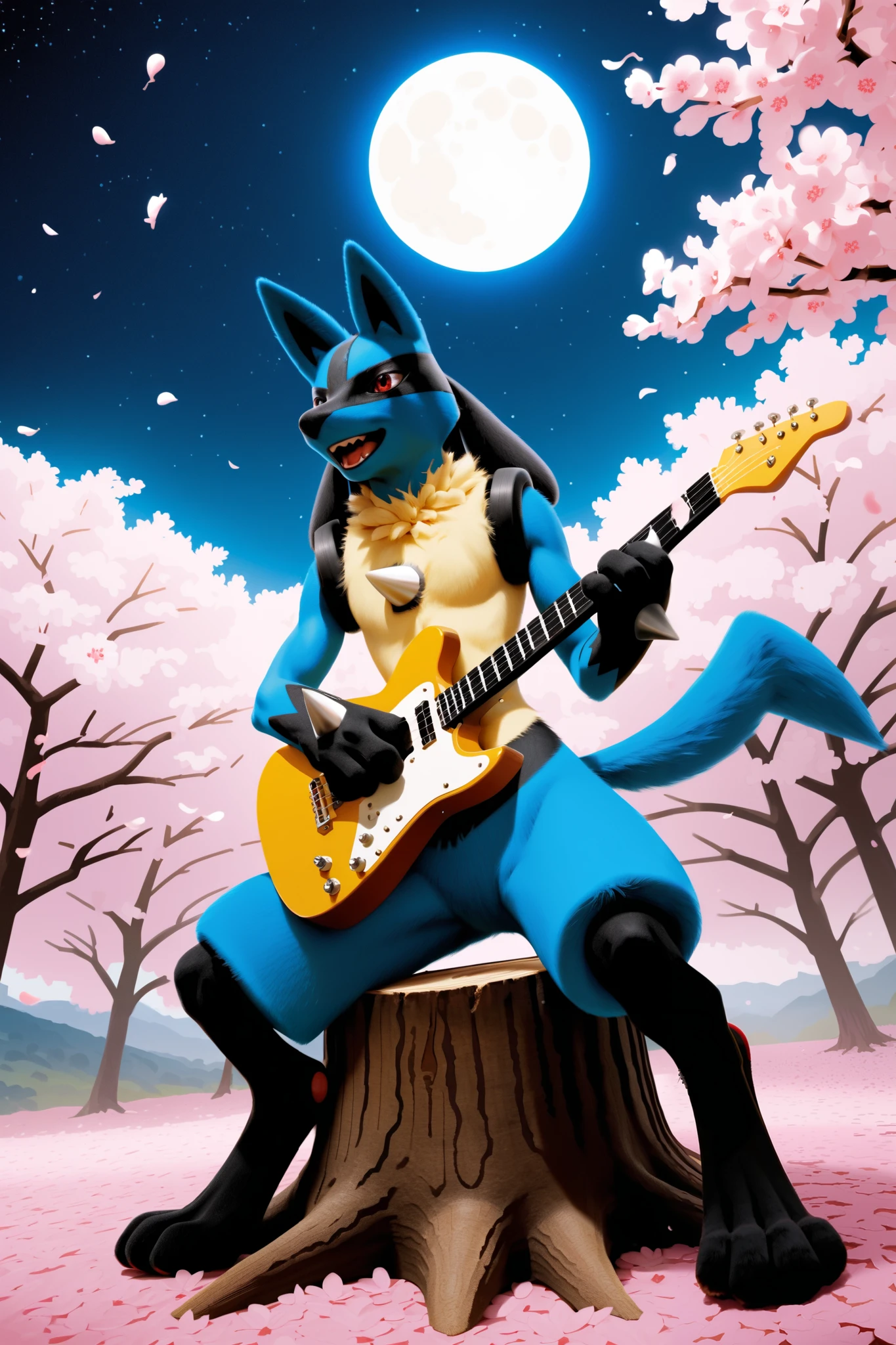 ultra detailed, extremely detailed CG, best quality, intricate, 8K, crisp quality, detaled fingers, detaled face, detaled hands, detaled body, detaled tail, detaled background, detaled guitar,
BRAKE
a portrait with sharp focus and crisp quality, highlighting the subject’s facial features,
BRAKE
(realistic background:1.5), a landscape with vibrant colors and rich contrast, capturing the beauty of a midnight, rural landscape, Japan, Cherry blossoms at night, starry night, moon,
BRAKE
furry, anthro, (fur, lucario:1.5), male, 20years old, Japanese, whole body,
BRAKE
(sit on a stump, playing the electric guitar, transparent yellow electric guitar:1.5), singing, muscular, solo
BRAKE
(realistic:1.5), real world,