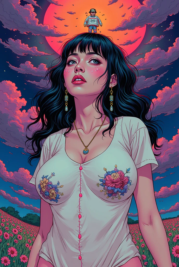 Sexy girl, long purple hair, in panties and tank top, pronounced nipples, small breasts, in bed, dim light, among stuffed animals, art inspired by Bill Sienkiewicz