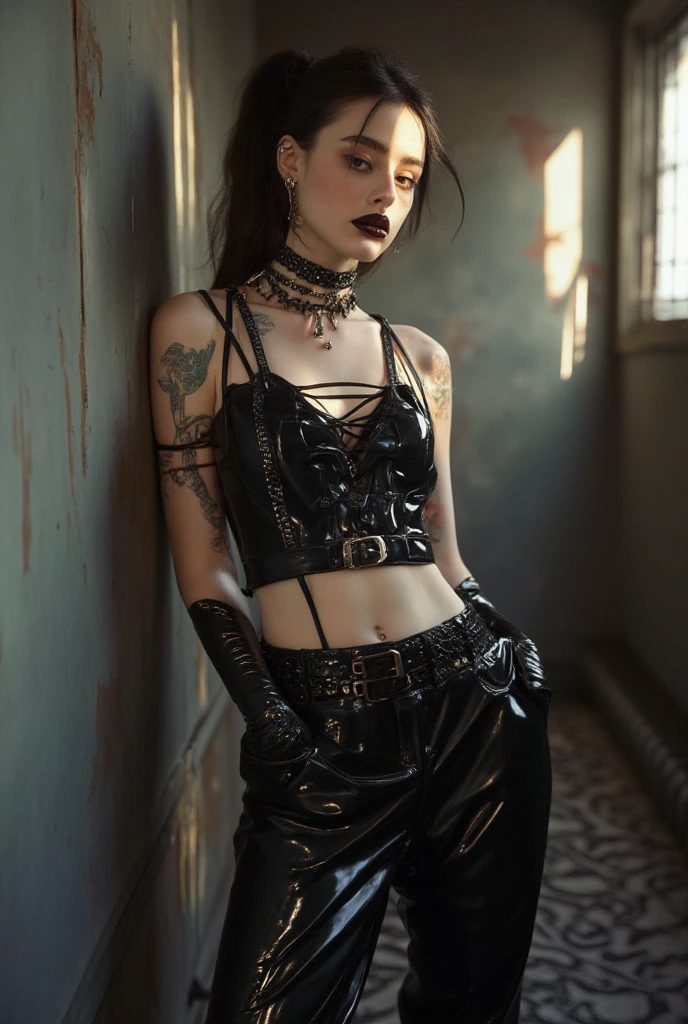 professional monochrome photograph by helmut newton taken with a Nikon Z7 II Mirrorless Camera , film grain, front view , __camera_distance__, a beautiful gothic girl, black haired, standing in front of a concrete wall, skinny athletic body, wearing leather studded bracelet, black wide-leg pants, and black tank top , beautiful cleavage, gothic makeup with dark eyeliner and eyeshadow, glossy lipstick, Perky Breasts, extremely detailed eyes, pale skin, bold lines, hyper detailed, extreme shadow play, dramatic lighting, high contrast, moody, cinematic style, sexy provocative pose, looking at viewer.
<lora:add-detail-xl:1> <lora:xl_more_art-full_v1:0.5>
