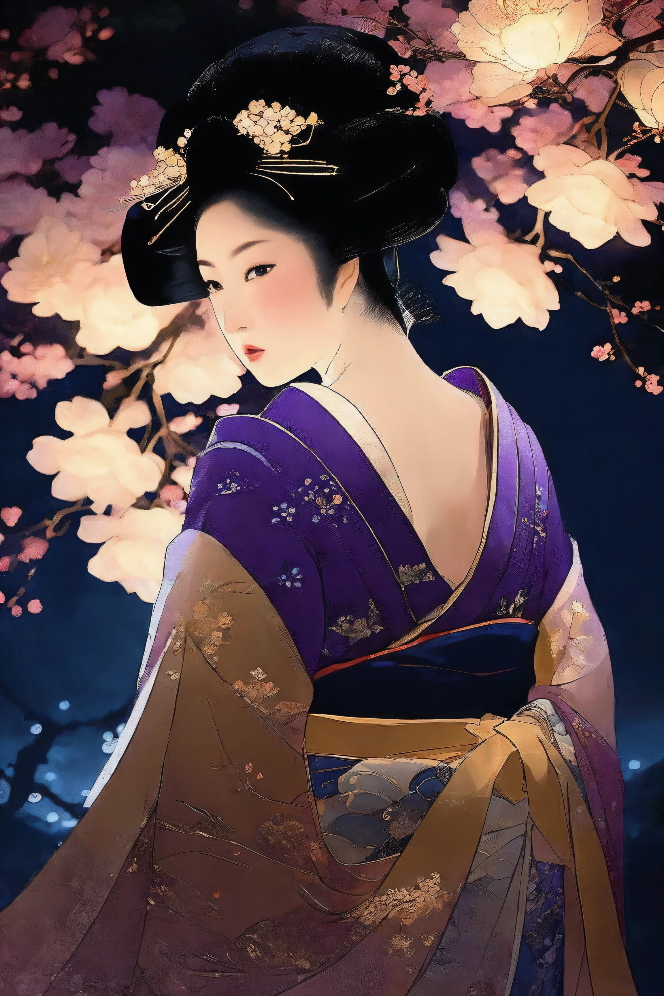 score_9, score_8_up, score_7_up, score_6_up, score_5_up, score_4_up, source anime,rating_safe,rating_questionable,((masterpiece,best quality,high detailed)),side view ,back shot,nape of the neck,back of the neck,( beautiful goddess, mature woman :1.4),curvy,looking away ,solo,alone,skindentation
(large breasts:1.3), moody, epic, gorgeous, film grain, grainy,moody lighting, morimee_style,dramatic chiaroscuro lighting,((melancholic:1.5)),klimt Style,kl1m,(glowing fluorescent effect)),moon,flutter,,sway,sweep,cherry blossom blizzard, oiran,covering chest by hand ,purple and gold kimono,japanse fan,gentle smile,off shoulder,night,Utamaro_style