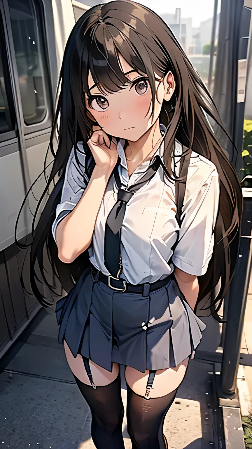 Lift up your skirt、Showing panties、、Black Hair、Showing panties、Lift up your skirt、Pull up your skirt、Condescending expression、A look of contempt、