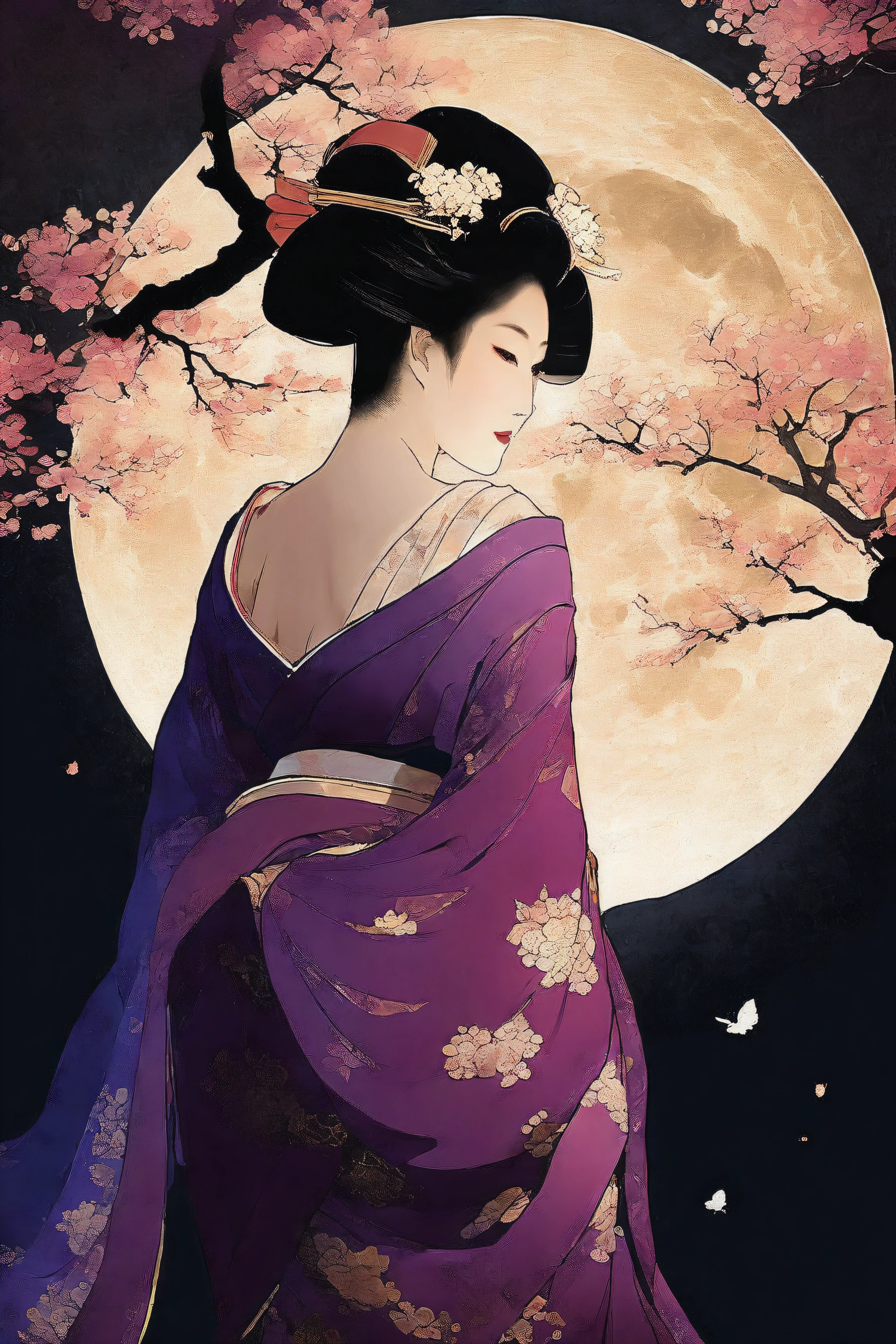 score_9, score_8_up, score_7_up, score_6_up, score_5_up, score_4_up, source anime,rating_safe,rating_questionable,((masterpiece,best quality,high detailed)),side view ,back shot,nape of the neck,back of the neck,( beautiful goddess, mature woman :1.4),curvy,looking away ,solo,alone,skindentation
(large breasts:1.3), moody, epic, gorgeous, film grain, grainy,moody lighting, morimee_style,dramatic chiaroscuro lighting,((melancholic:1.5)),klimt Style,kl1m,(glowing fluorescent effect)),moon,flutter,,sway,sweep,cherry blossom blizzard, oiran,covering chest by hand ,purple and gold kimono,japanse fan,gentle smile,off shoulder,night,Utamaro_style