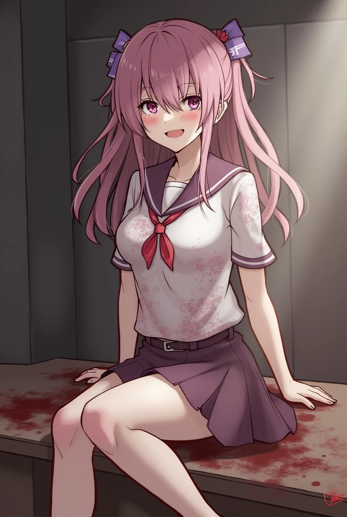 masterpiece, best quality, looking at viewer, bare legs, 1girl, solo, upper body, bow, serafuku, smiling, night time, heavy rain, outdoors, city, crop top, navel, wet clothes, drenched, hands behind back, blood tears, blood marks, dark alleyway, blood splattered on the ground, red bright light, glowing eyes, depth of field