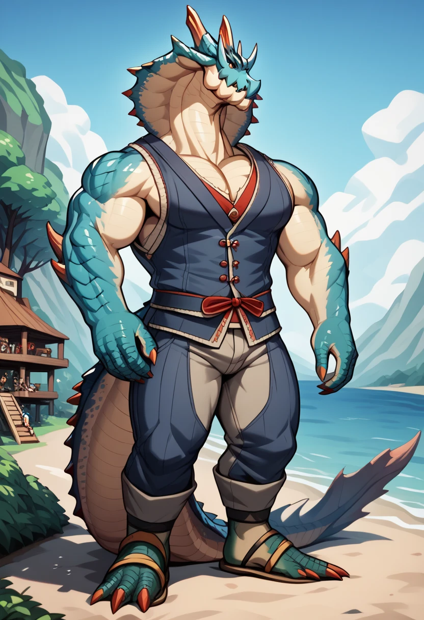 Sunlight，high resolution，4K，gay，(((whole body:1.1)))，masterpiece，high quality，Brave and bold，((dragon))，male，(((seaside，Standing on the beach)))，dragonFurry，(youth)，hairy，((Handsome，Smiling face，Long hair))，((peaceful，Gentle))，(((Well-proportioned body，Small ears，Well-proportioned limbs，dragon尾巴:1.2，Meat pad)))，(((blue ears:1.5，Dark blue head，Dark blue back，Dark blue limbs，White chest，White belly，Red and blue pupils，蓝色Meat pad)))，(((Black swimming trunks，No shoes:1.3)))，Handsome脸庞，Exquisite eyes，Detailed body，Detailed hands，Detailed feet