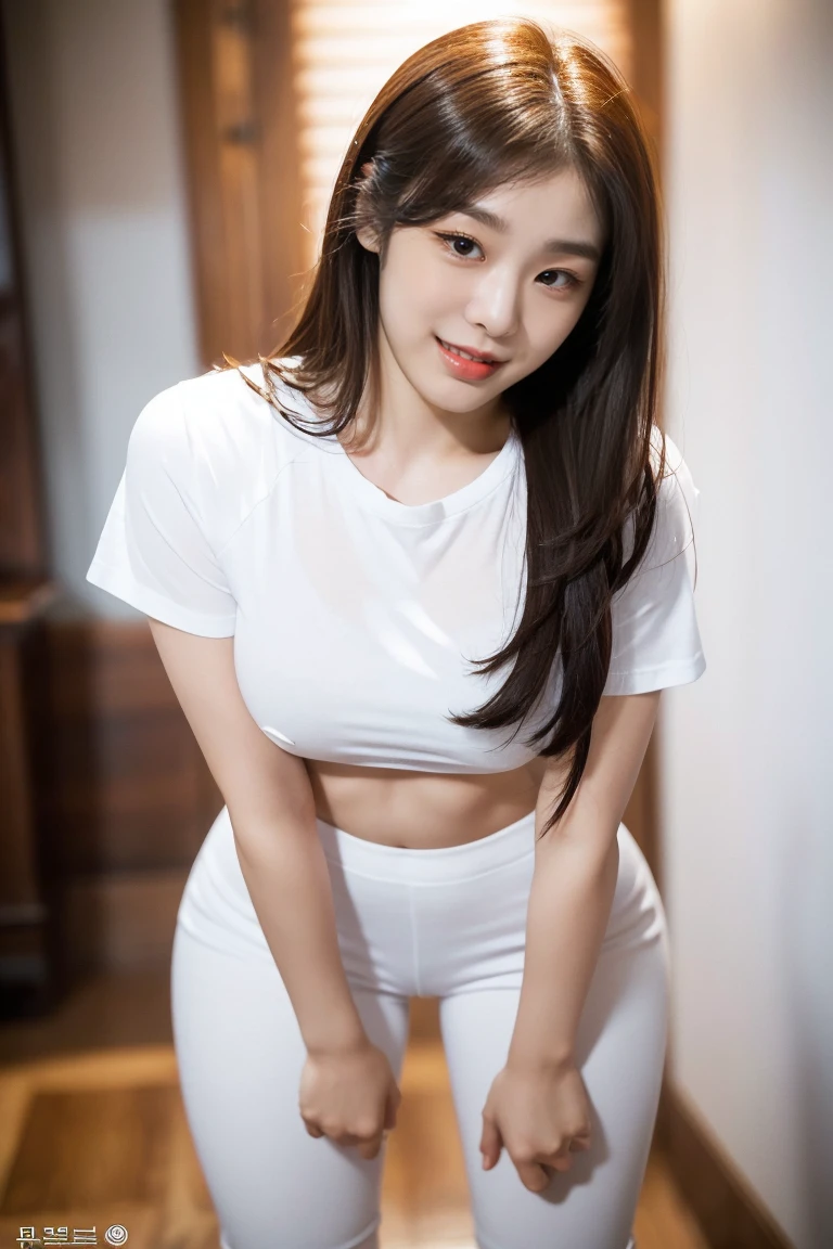 Korean woman, Kwon Eunbi, very long hair, black hair, sexy woman, K-pop idol, smiling, single woman, large breasts, white tight strapless tube top, white legging pants, white heels, sexy pose