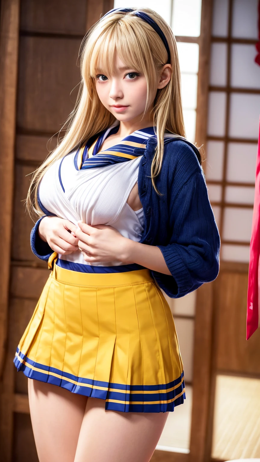 A girl sits on the floor,is shy,Be red in the face,Long golden ponytail,long leges,校服,blue skirts,white legwear,spread their legs,pantyless,The blouse is open --auto