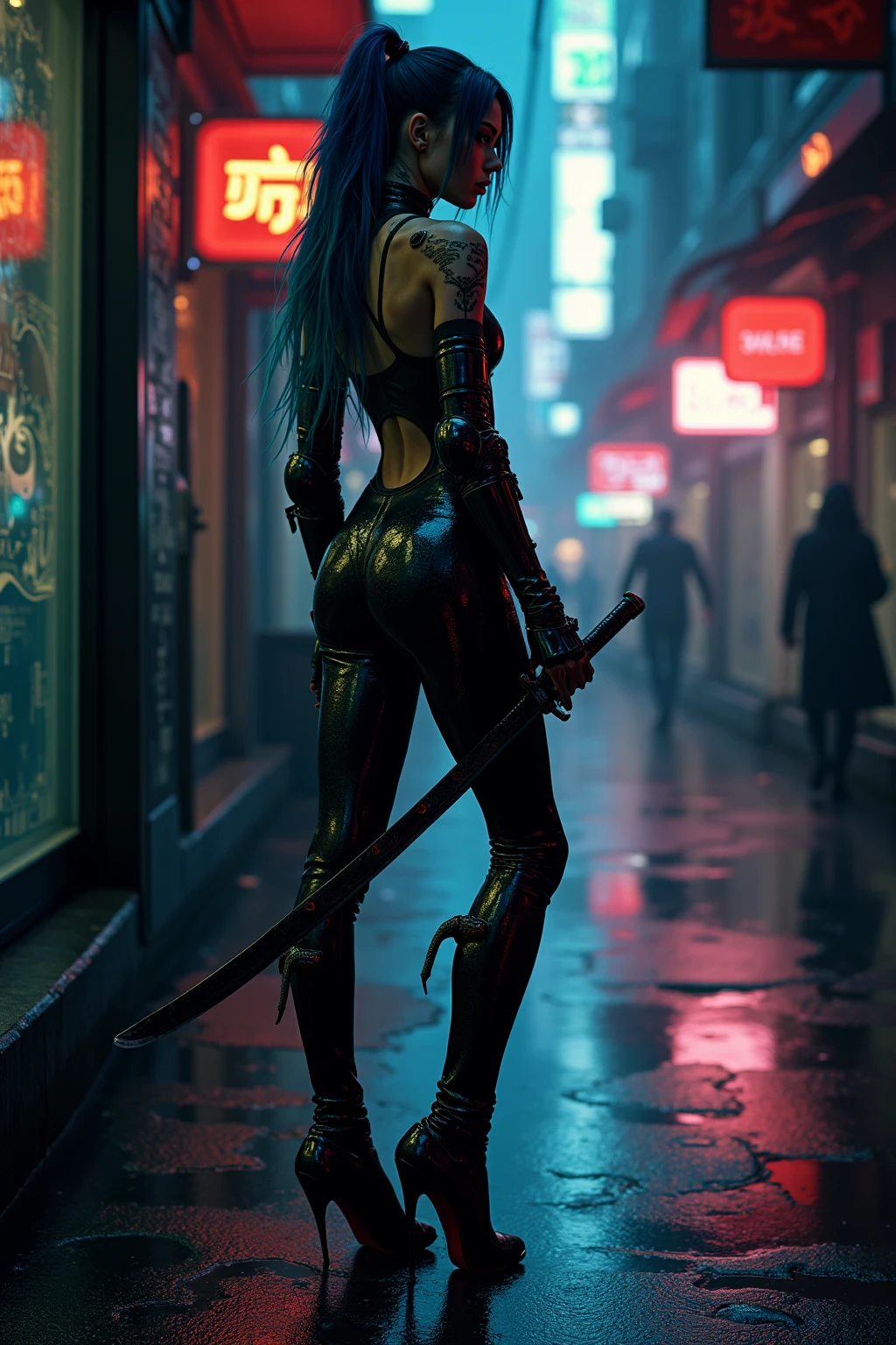 style of anime, sci-fy ,Japanese Assassin Lord , latex , tobey pants, mouth mask, leg tattoos, Tattooed with,Aqua hair, Braided headband, (african man, Dark skin:0.6), little breast, slimfigure, full bodyesbian, daggers, Moon Night, In the garage, (Very detailed hands, Hand model:1.4)