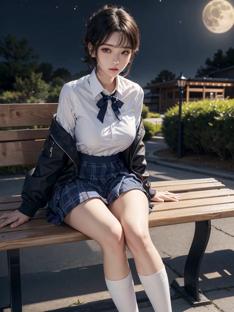 alone,solo,underwear, photo of 20 year old woman, red panties,cute, tight eyes,skinny,crunchy,short hair, ((KPOP Idol)),very detailed eyes, small,small breasts,glasses,full body,anger, sitting, panty shot,(open legs:1.3), dynamic pose,legs spread, skirt, office lady,suit, socks, black hair, shirt, blurred, blurry background, Blue shirt, Loafers, Realistic, Medium hair, Lips, Brown eyes, Black socks, Bow tie, Pleated skirt, Bow, Headrest, Sideways, Outdoors, Brown footwear, Masterpiece, Top quality, Ultra detailed navy blue and blue and white plaid pleated skirt, Sheer clothing, Black loafers, Tsi-hai, Black cotton socks,
