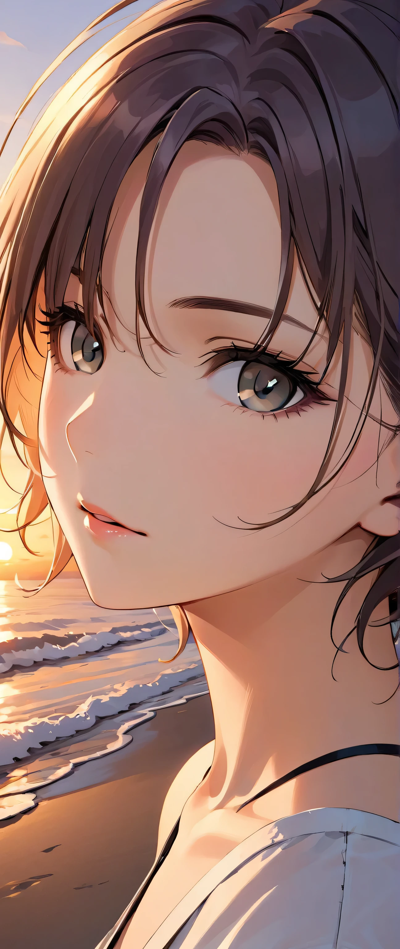 This portrait is drawn in a with full body and front view.
t_asakura,
She is standing in a natural pose on the beach at sunset.