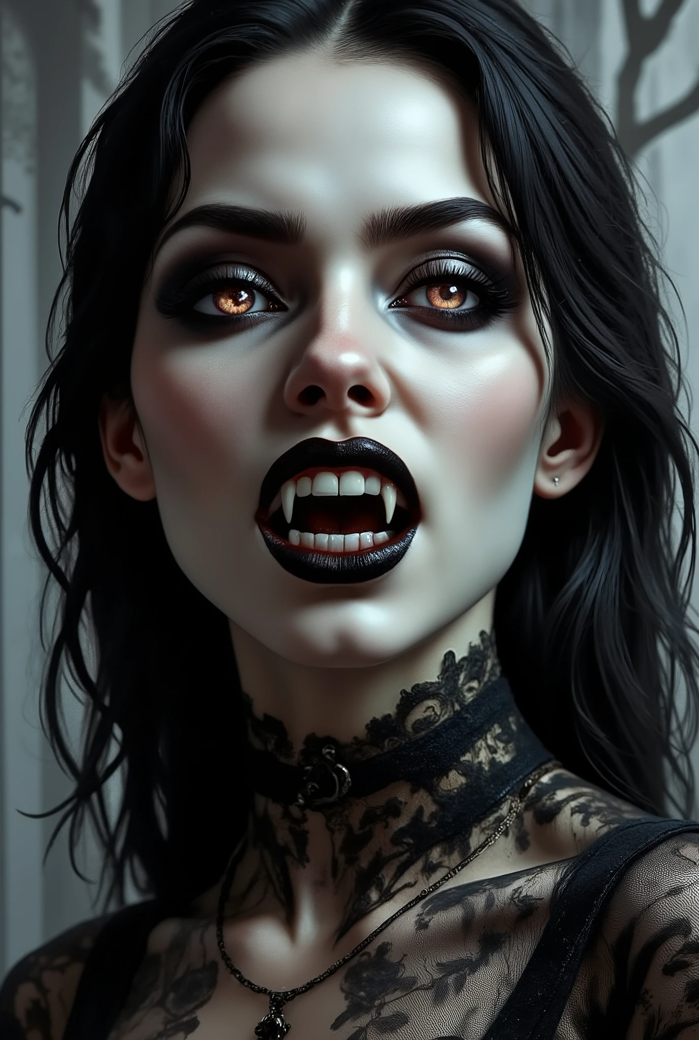 A surreal image of a captivating full-body digital artwork showcasing a pale-skinned woman with striking, gothic features. Her closed eyes are emphasized by bold, sweeping black eyeliner and thick, dark lashes, contrasting sharply with her smooth complexion. Her lips are coated in deep black lipstick, completing her dramatic look. Her hair, cascading like twisting tendrils of black smoke or ancient tree roots, flows down her body, blending seamlessly into a minimalistic, surreal background inspired by Frank Frazetta. Her sexy form is adorned in a sleek, revealing form-fitting black outfit, accentuating her elegant yet haunting presence. The sharp contrasts between her figure and the surreal landscape emphasize her ethereal, macabre beauty. Intricate digital detailing, polished textures, and a symmetrical composition create an artwork that exudes an otherworldly and gothic elegance from head to toe. coming undone, into black ink, fading into the textured gray background. The woman’s bright, piercing eye contrasts sharply against the chaotic patterns, evoking a sense of ethereal elegance. The dynamic composition combines whimsy with a hauntingly artistic atmosphere.