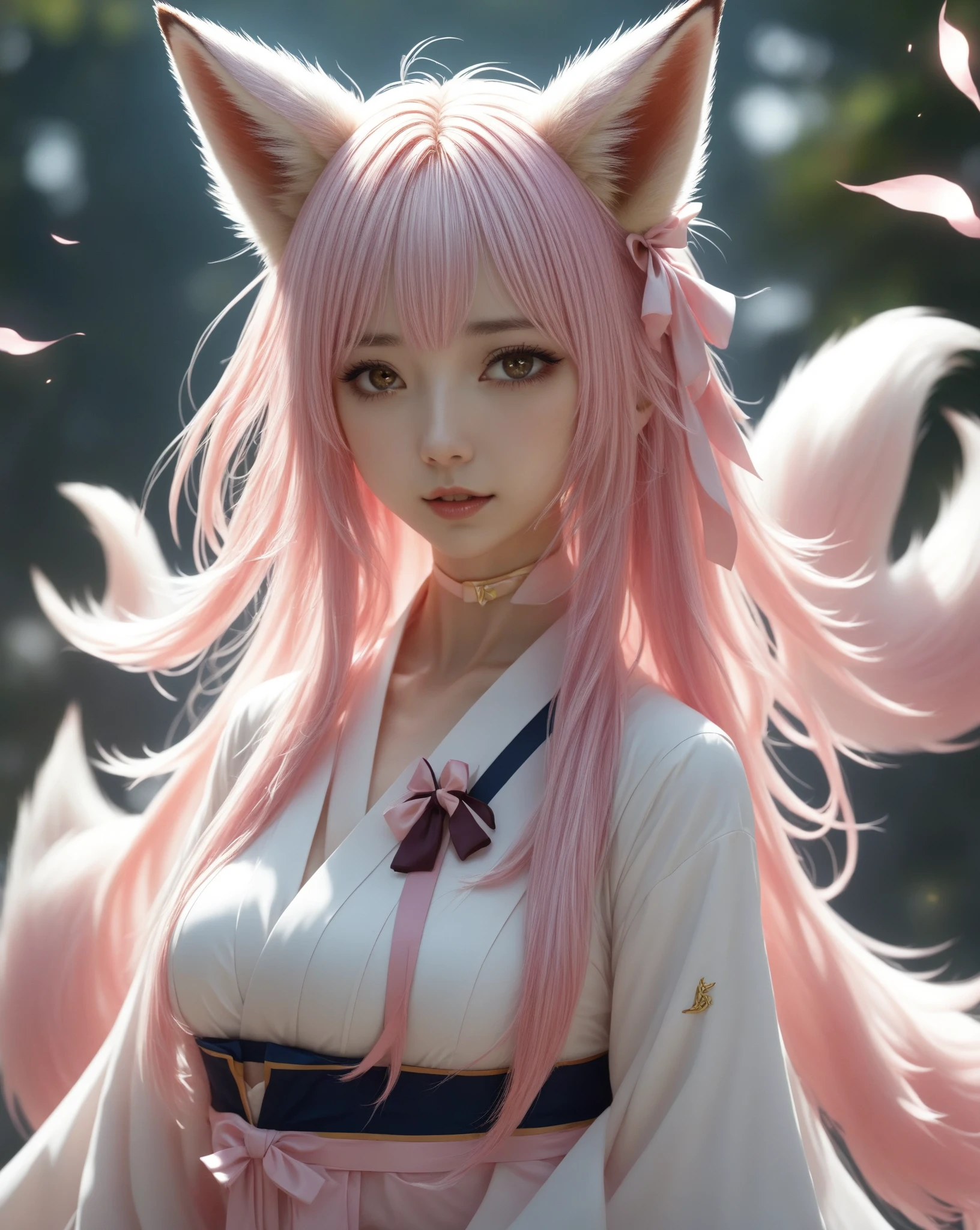 (masterpiece, best quality), intricate detail, ah4, pink hair, facial mark, multiple tails, fox tail, japanese clothes, bare shoulders, 1 girl, solo, portrait, lookin at viewer, cinematic, dark atmosphere, dark fire background, volumetric lighting, upper body, black background