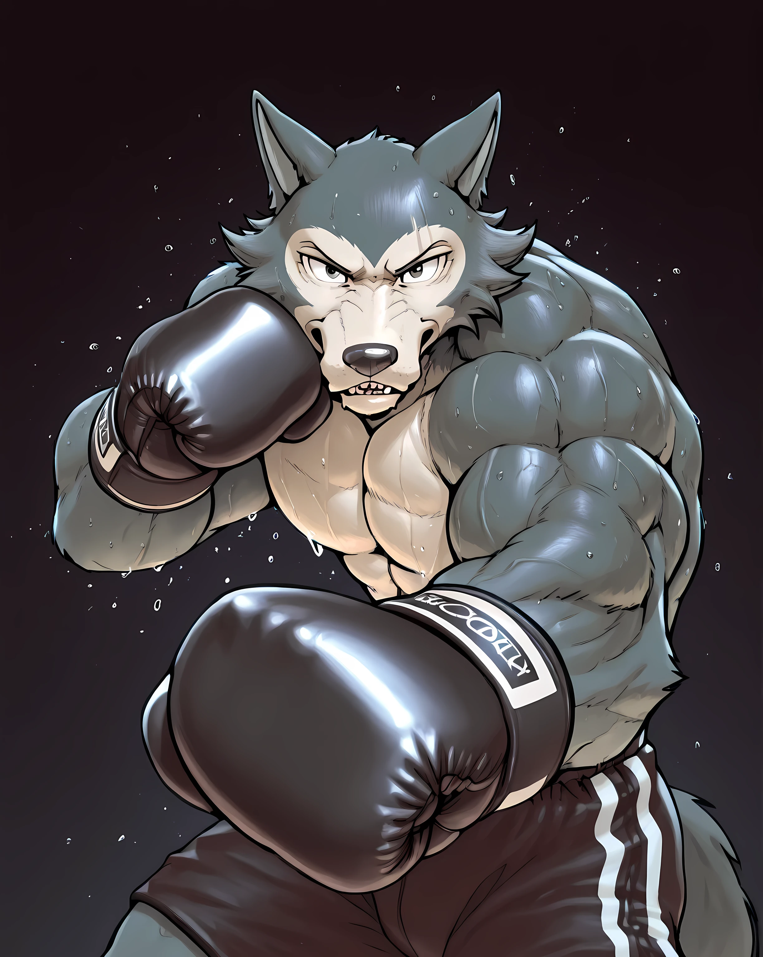 l3gosh1, beastars, male, solo, wolf, muscular, athletic, masculine, (small eyes), flat color, boxing_gloves, boxing_trunks, simple background, sweaty body, veiny arms, bulging muscles, boxing stance, dynamic pose, boxing, (black outline), (speedlines), boxing_pov, ((punching, punching the viewer))