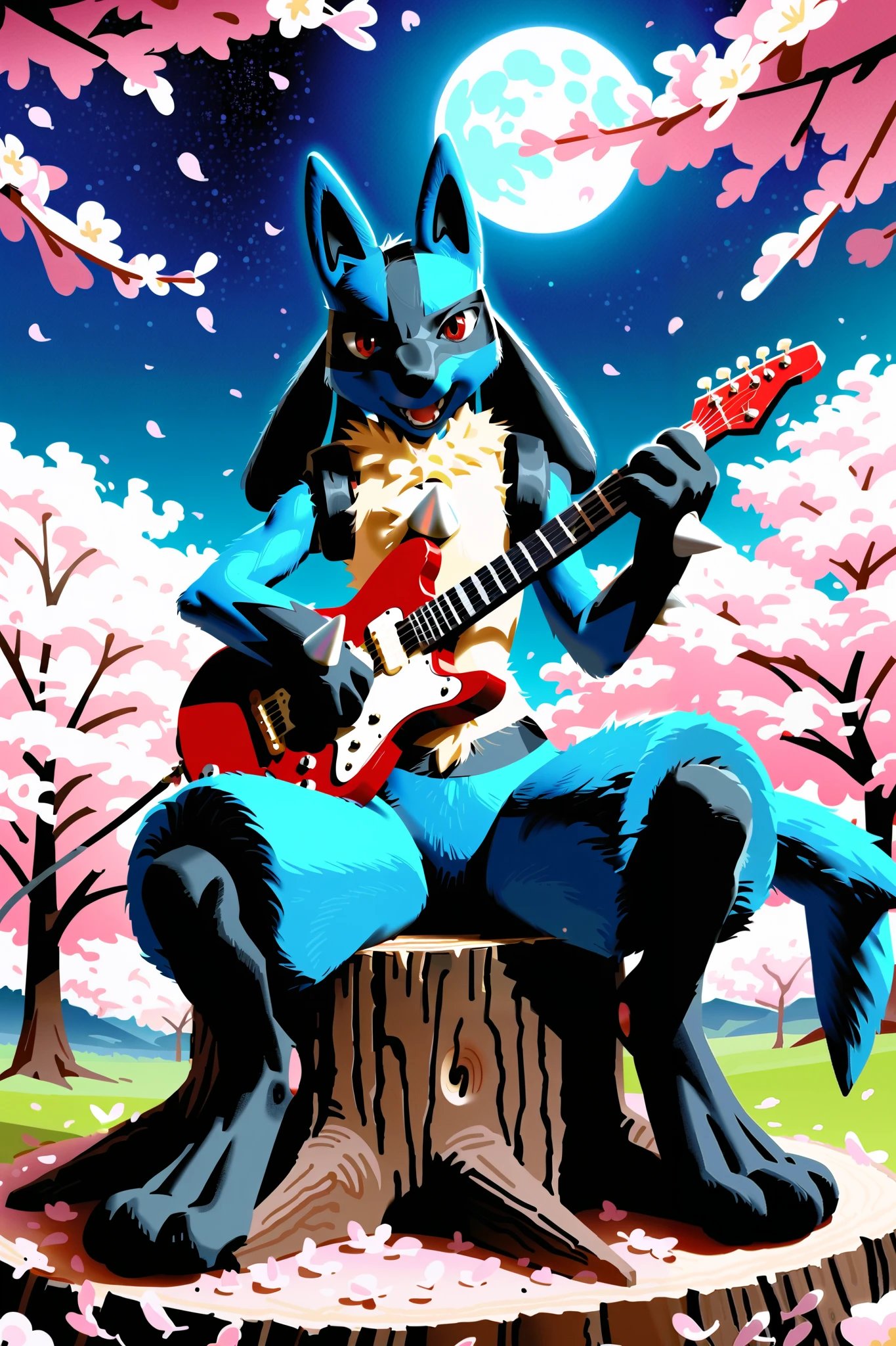ultra detailed, extremely detailed CG, best quality, intricate, 8K, crisp quality, detaled fingers, detaled face, detaled hands, detaled body, detaled tail, detaled background, detaled guitar,
BRAKE
a portrait with sharp focus and crisp quality, highlighting the subject’s facial features,
BRAKE
(realistic background:1.5), a landscape with vibrant colors and rich contrast, capturing the beauty of a midnight, rural landscape, Japan, Cherry blossoms at night, starry night, moon,
BRAKE
furry, anthro, (fur, lucario:1.5), male, 20years old, Japanese, whole body,
BRAKE
(sit on a stump, playing the electric guitar, transparent yellow electric guitar:1.5), singing, muscular, solo
BRAKE
(realistic:1.5), real world,