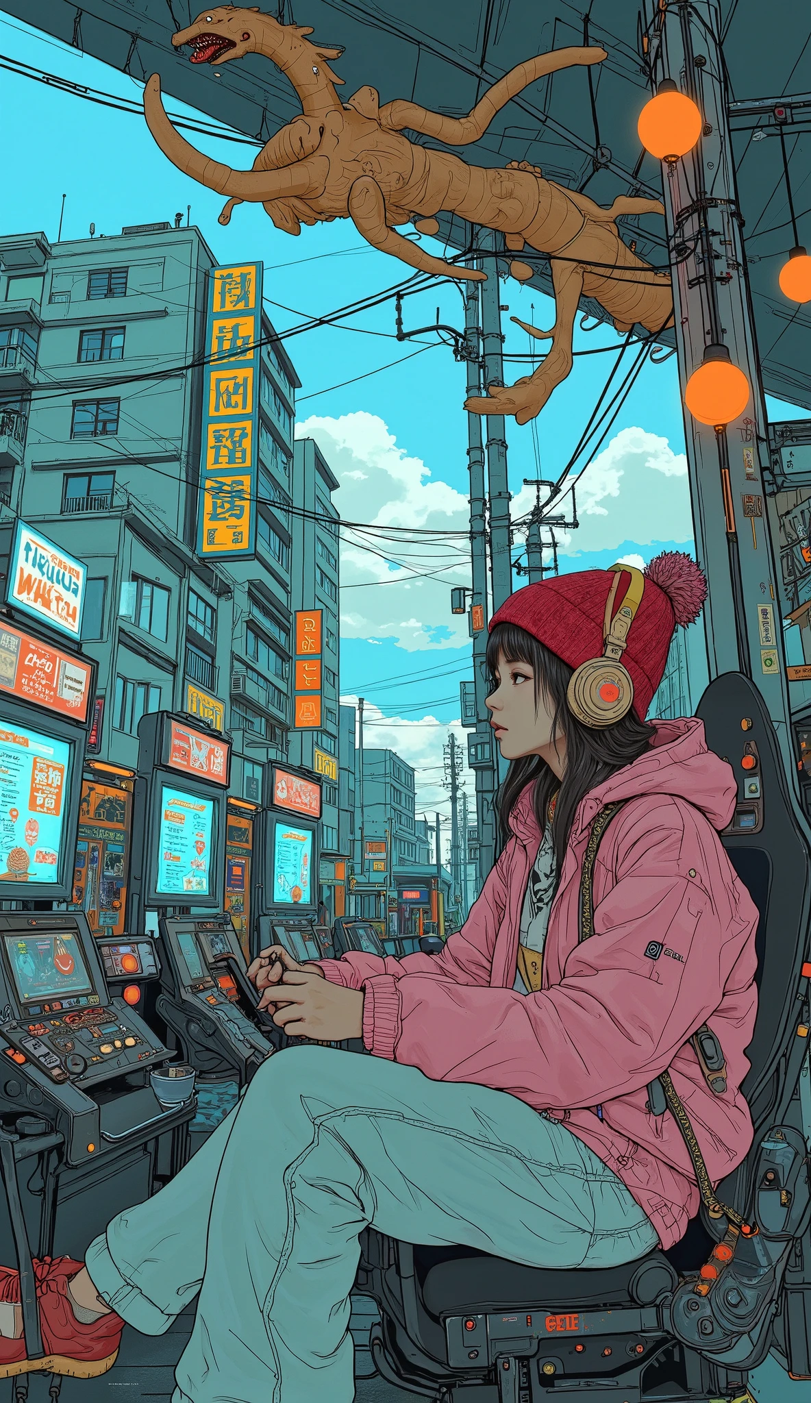 Surrealism , artwork, 8K quality, girl playing racing games at game center , Shibuya game center store 、Large housing 、High school girl wearing a pink down jacket and loose denim pants,red knitted cap、 headphones、 Nike sneakers 、 Colorful Accessories、 anatomically accurate、