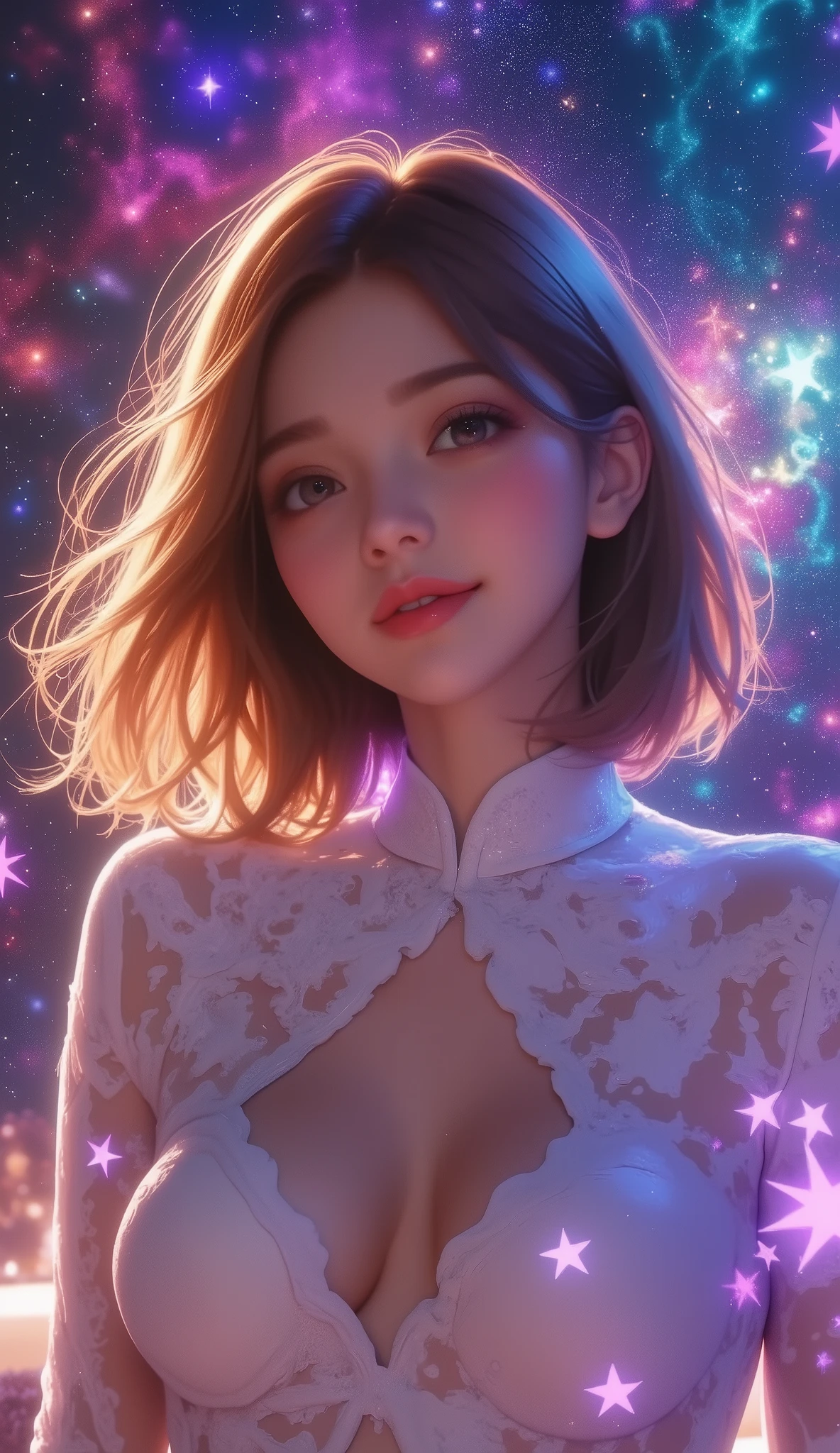  high detail,  more details,  super high definition,  A girl having a great time in the galaxy of her dreams , Surrounded by stars, The warm light that shines on her,  background is a starry sky with colorful galaxies and galactic clouds, The flying stars surrounding her々, delicate face,  Adding a Playful Atmosphere  , 