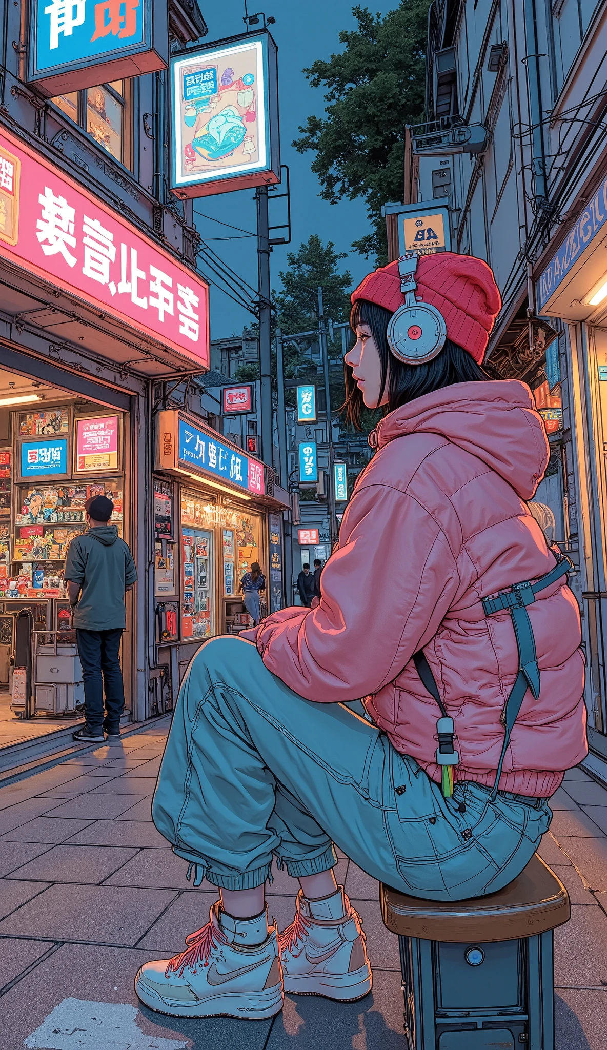 Surrealism , artwork, 8K quality, Back view of a girl playing a dance game at an arcade, Shibuya game center store 、Large housing 、High school girl wearing a pink down jacket and loose denim pants,red knitted cap、 headphones、 Nike sneakers 、 Colorful Accessories、Lots of galleries、 anatomically accurate、