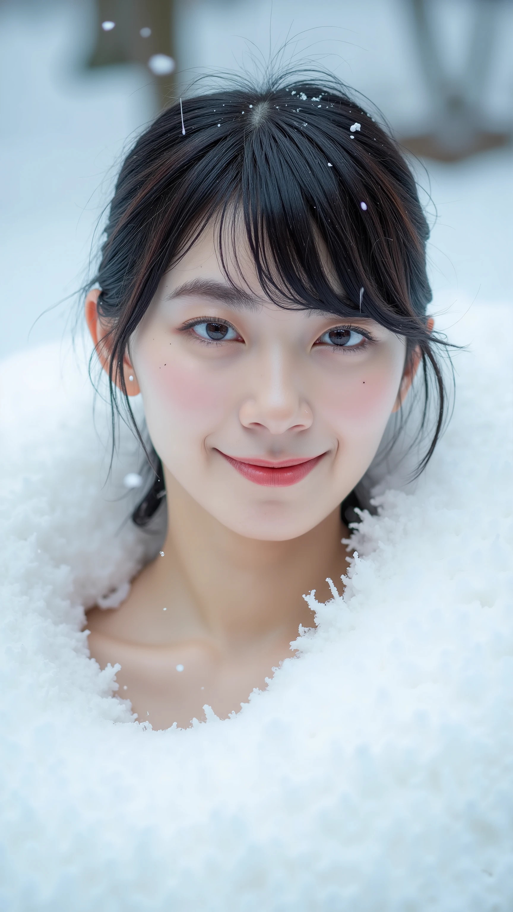 A high resolution photograph of a naked Japanese woman buried in the snow with only her upper shoulders sticking out above the snow surface. Powder snow falls on her. Intricate details, 8k,