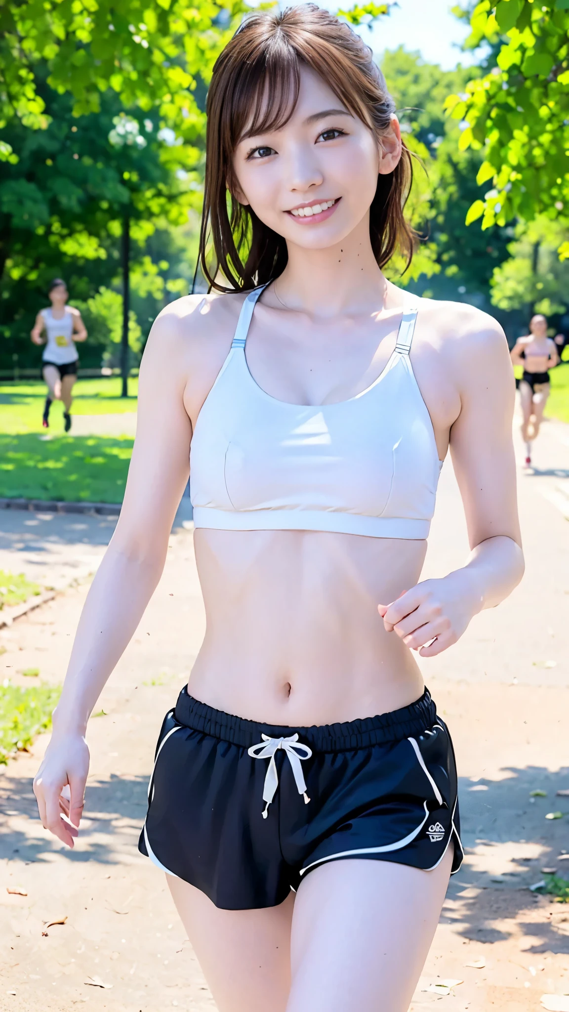 best quality,masterpiece, super high definition,High-definition RAW color photo, bathed in gentle sunlight, professional photography, Natural Skin Texture , fine skin, hyperrealism, smiles, long hair,((runner,white sports bra,tight-fitting shorts))slim body,(Running in the park,Quite muscular), Erect Nipples