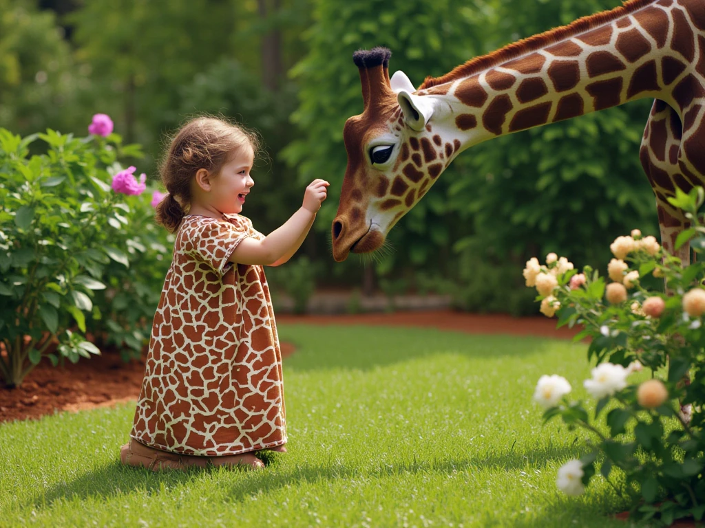 This photo realistically depicts a scene of a small baby wearing giraffe-patterned overalls and bright orange shoes standing in front of a fence. A large giraffe leans over the fence and holds the baby's head in his mouth, while the baby looks up with a happy expression. The setting is a zoo or wildlife park on a sunny day, with clear blue skies and grassy areas.