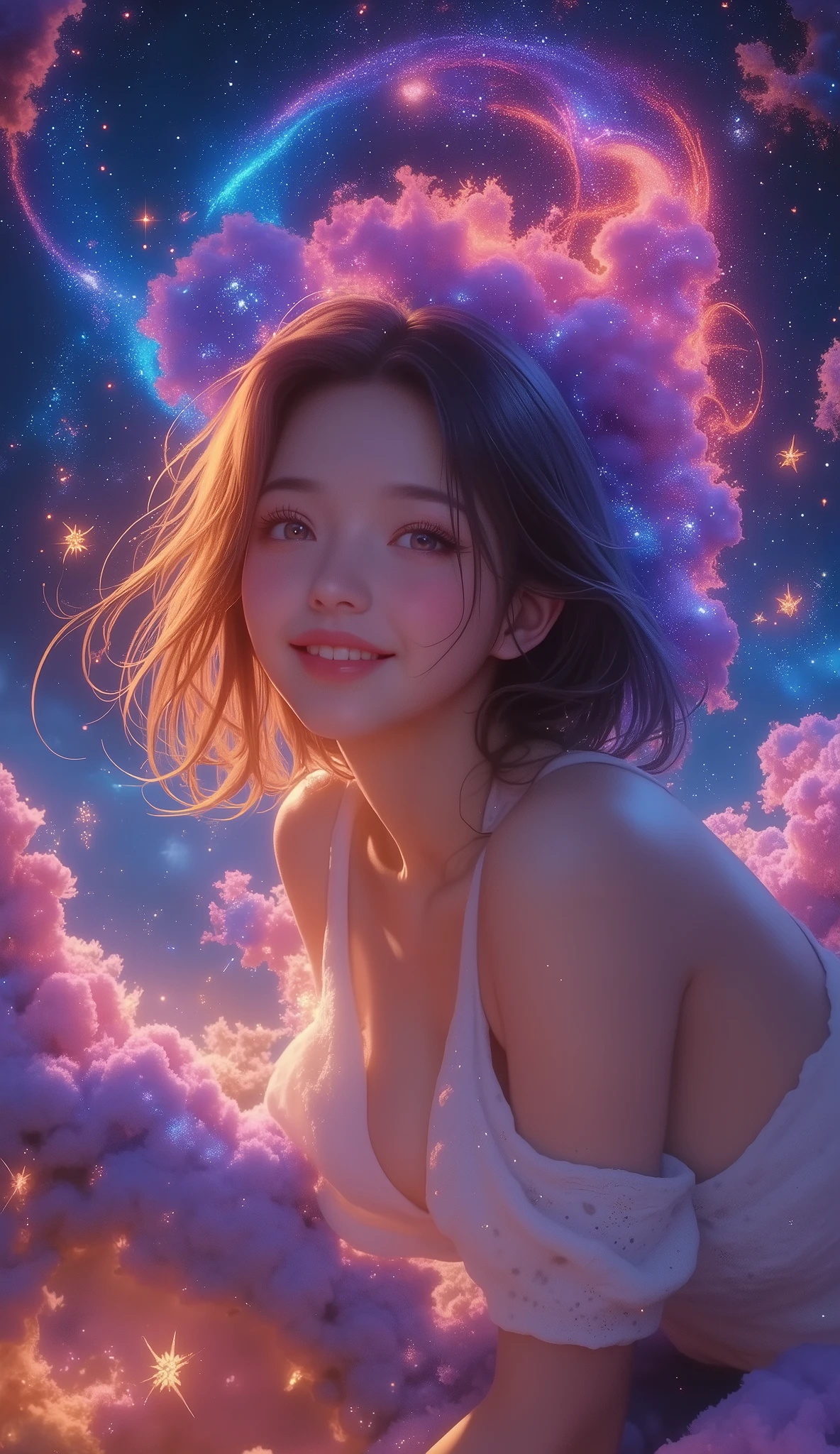  high detail,  more details,  super high definition,  A girl having a great time in the galaxy of her dreams , Surrounded by stars, The warm light that shines on her,  background is a starry sky with colorful galaxies and galactic clouds, The flying stars surrounding her々, delicate face,  Adding a Playful Atmosphere  , 