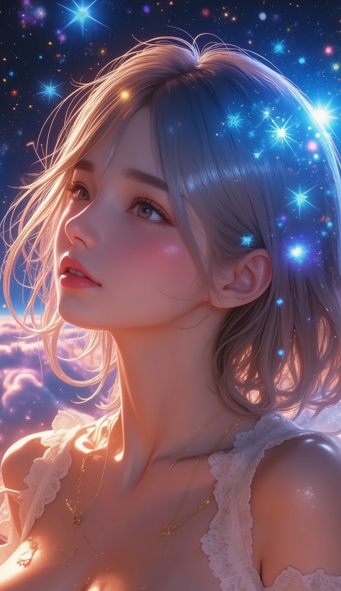 high detail, more details, super high definition, A girl having a great time in the galaxy of her dreams , Surrounded by stars, The warm light that shines on her, background is a starry sky with colorful galaxies and galactic clouds, The flying stars surrounding her々, delicate face, Adding a Playful Atmosphere ,