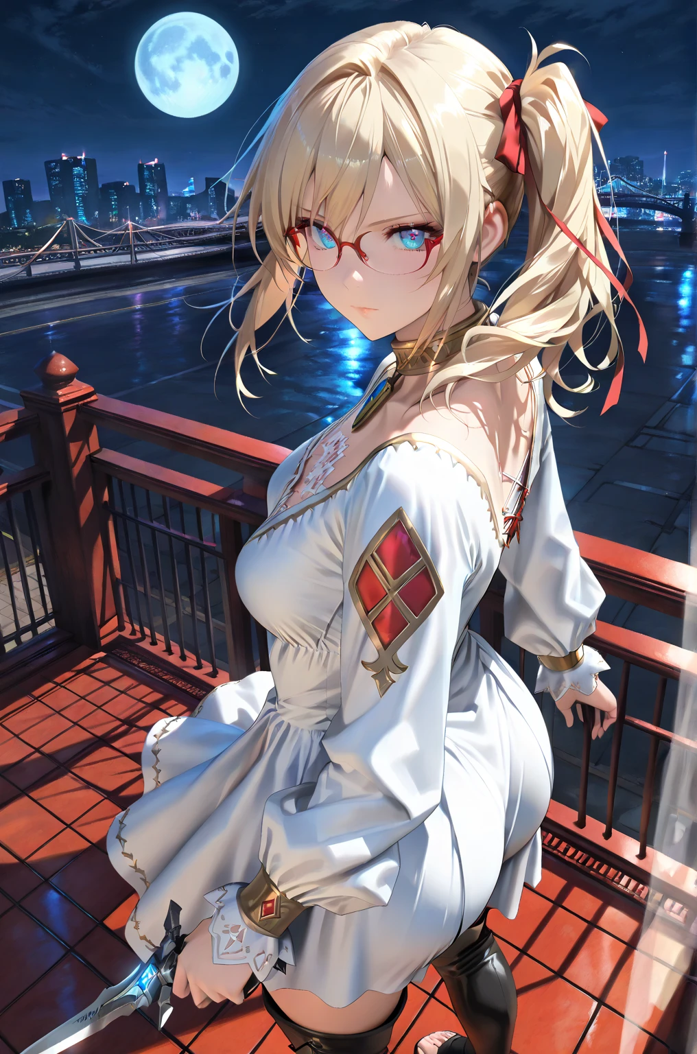 Looks about 20,(beautiful girl: 1.3),Highest quality,8k,Highly detailed CG unit wallpaper,masterpiece:1.2,top-quality,Ultra-high resolution,RAW Photos,real texture skin, photorealistic, Cinema Lighting,Huge buildings,metropolis,Big, round, beautifully shaped butt,),(Perfect hands, Perfect Anatomy), BREAK, (Medium Small breasts), Perfect Face, Symmetrical face, (glossy skin:1.6), beautiful shiny lips, solo, breack, ((Beautifully hand-drawn)), ((light Blonde)), ((white dress, long sleeves, thigh boots, toeless footwear)), ((Swaying side ponytail)), short wavy hair, hair ribbon, ((Blue Eyes)), Glowing_eye, (((eyes open))), closed mouth, (((({red slim glasses})))), BREAK, (Holding a weapon in hand, gripping silver Rustic blade knife, aiming a gripping silver blade knife, at side,), upper body, ((from above)), midnight sky, BREAK, bayside, high place, red (((huge))) bridge, fullmoon, choker, eye focus,