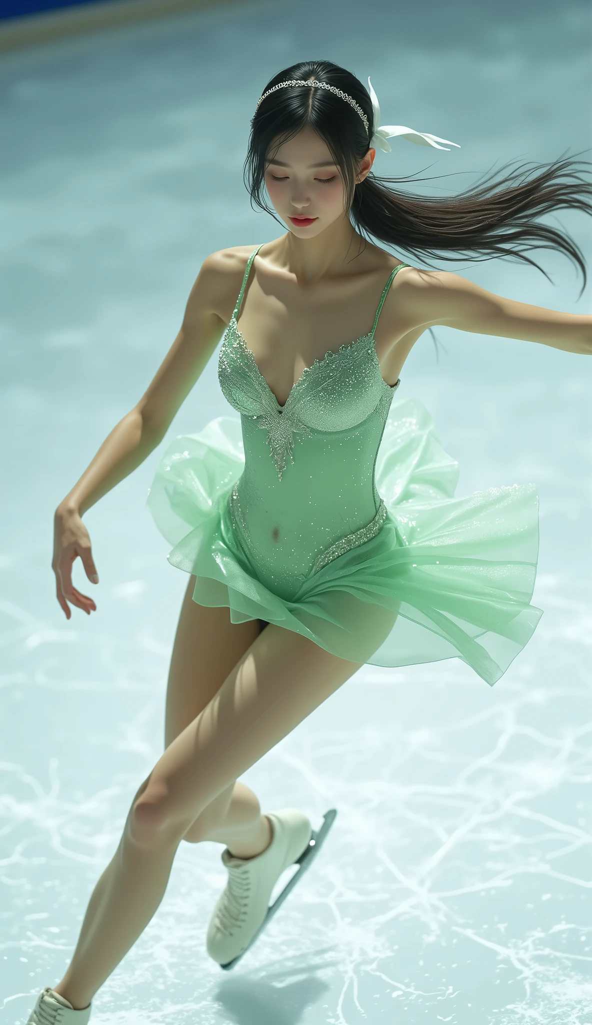 ((work of art))((great quality))((movie scene))A beautiful Asian ballerina dancing next to a lake in a forest in black ballet outfit and with a black swan by her side.