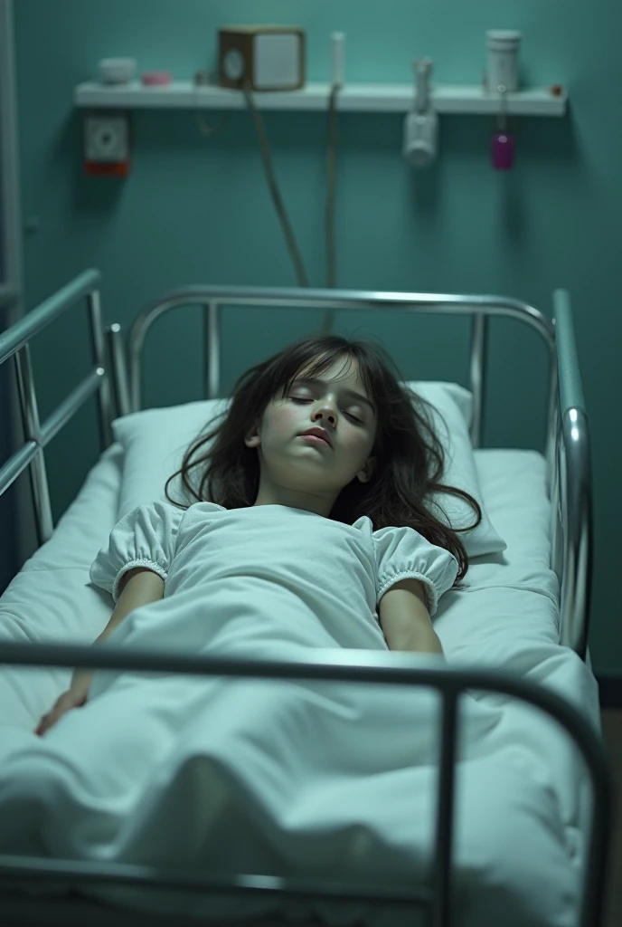 Aurora Maricá. Uma garotinha ruiva, 8 anos de idade. olhos cor de mel. usando um vestido branco. curto. Vestido sujo e manchado de sangue, assim como seu rosto. She is lying with her eyes closed, with a heavy expression on his face, na cama em um quarto de hospital abandonado. No quarto, broken medical equipment next to the bed. Medium plane camera