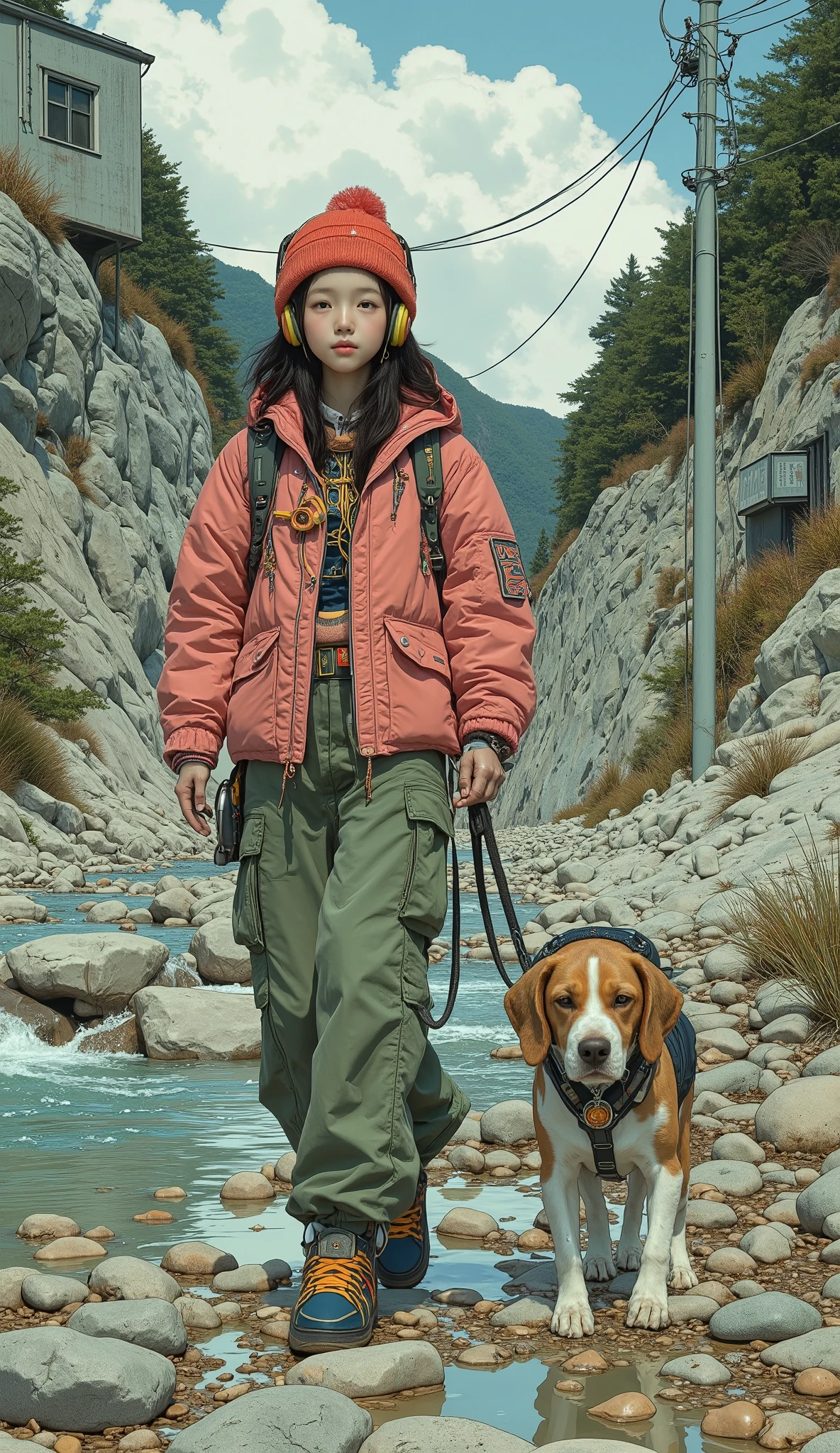  Surrealism  ,  artwork, 8K quality,  girl walking along the riverbed with her dog, Tamagawa bank 、Beagle、High school girl wearing loose moss green cargo pants in a pink down jacket,red knitted cap、 headphones、 Nike sneakers 、 Colorful Accessories、  anatomically accurate、