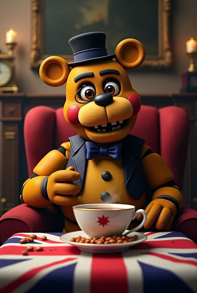 freddy fazber british drinking tea and eat beans