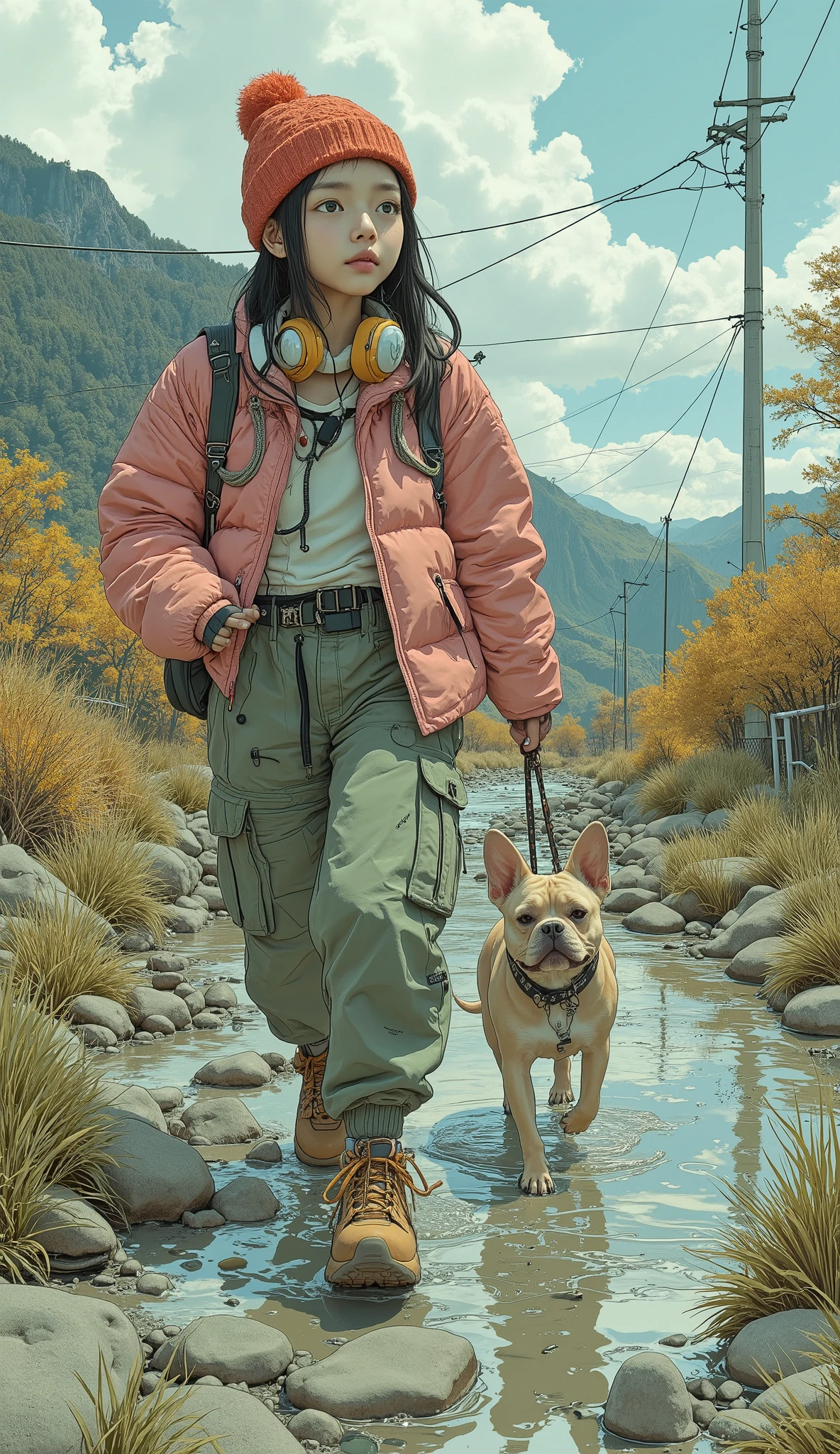Surrealism , artwork, 8K quality, girl walking along the riverbed with her dog, Tamagawa bank 、French Bulldog、High school girl wearing loose moss green cargo pants in a pink down jacket,red knitted cap、 headphones、Trekking boots、 Colorful Accessories、 anatomically accurate、