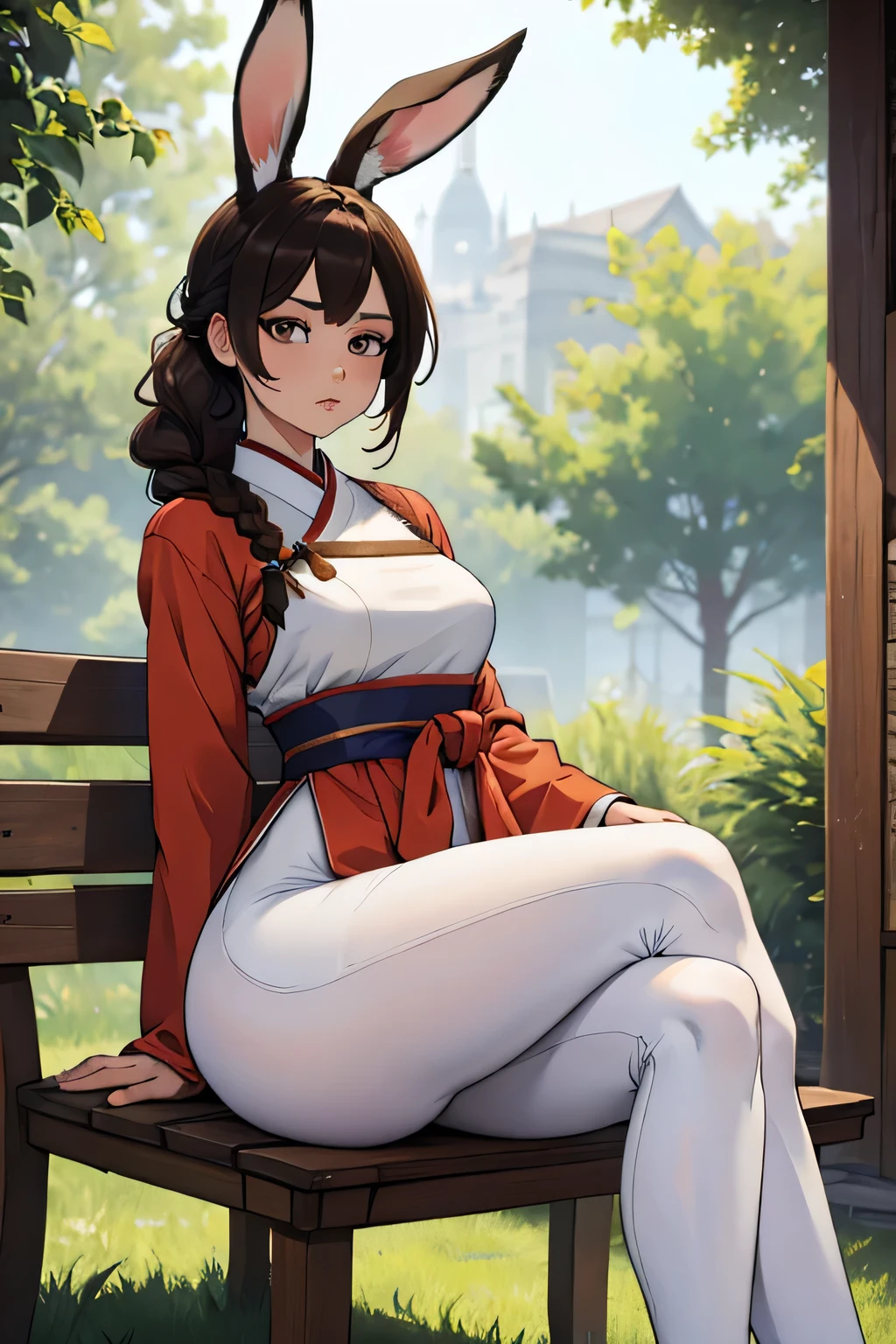 Ultra-high-definition, super-detailed full-HD, ultra detail, high detailed digital anime art, fine details. anime,8k, masterpiece, hi-resolution, best quality, hi-res, Top Quality, High Quality, High Resolution, pretty, attractive, woman, dark brown hair, braided hair, black eyes, bunny girl, bunny ears, bunny tail, hanbok, sitting on bench, medium breasts, hourglass figure, white leggings, afraid, big butt, rabbit tail