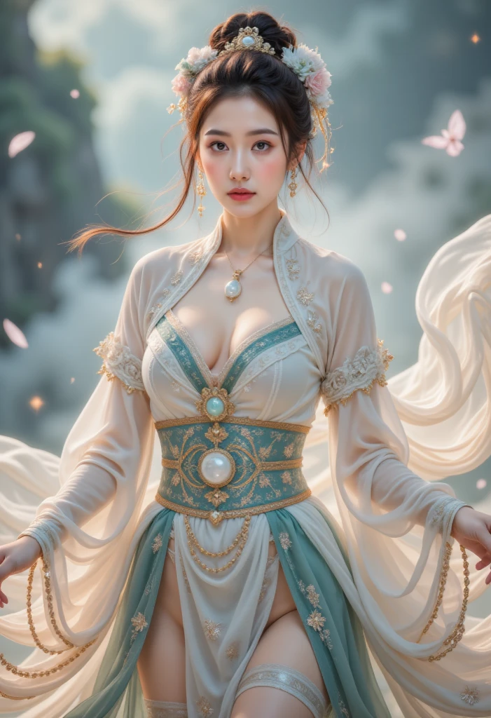 (Best quality), (Masterpiece), (1girl), beautiful girl, perfect face, perfect body, big breast, sexy, Mongolian traditional clothes, stand, posing, outdoor, sun light, morning light, messy hair, smile