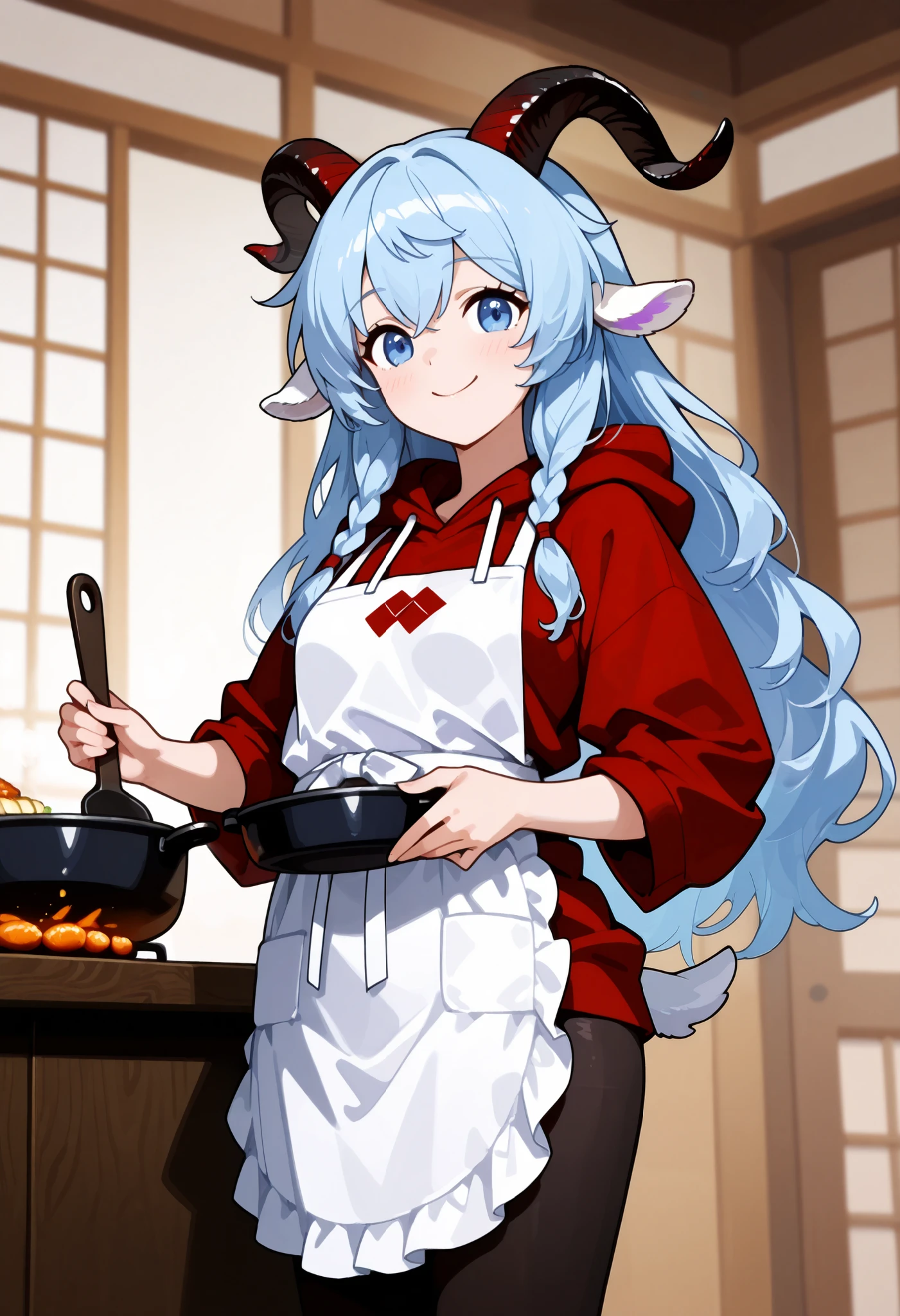 master Peace, Perfect Shapes ,flat Art,satire,  baphomet ,satire  girl, goat horn ,Goat ears,Alone,scarlet color HARE, long hair gathered in braids, light blue eyes , tall,small breasts, Japanese restaurant work clothes ,red triangle hood, apron, cowboy shot,Surrounding ingredients,Goat's lower body , smiles,Hold cooking utensils
