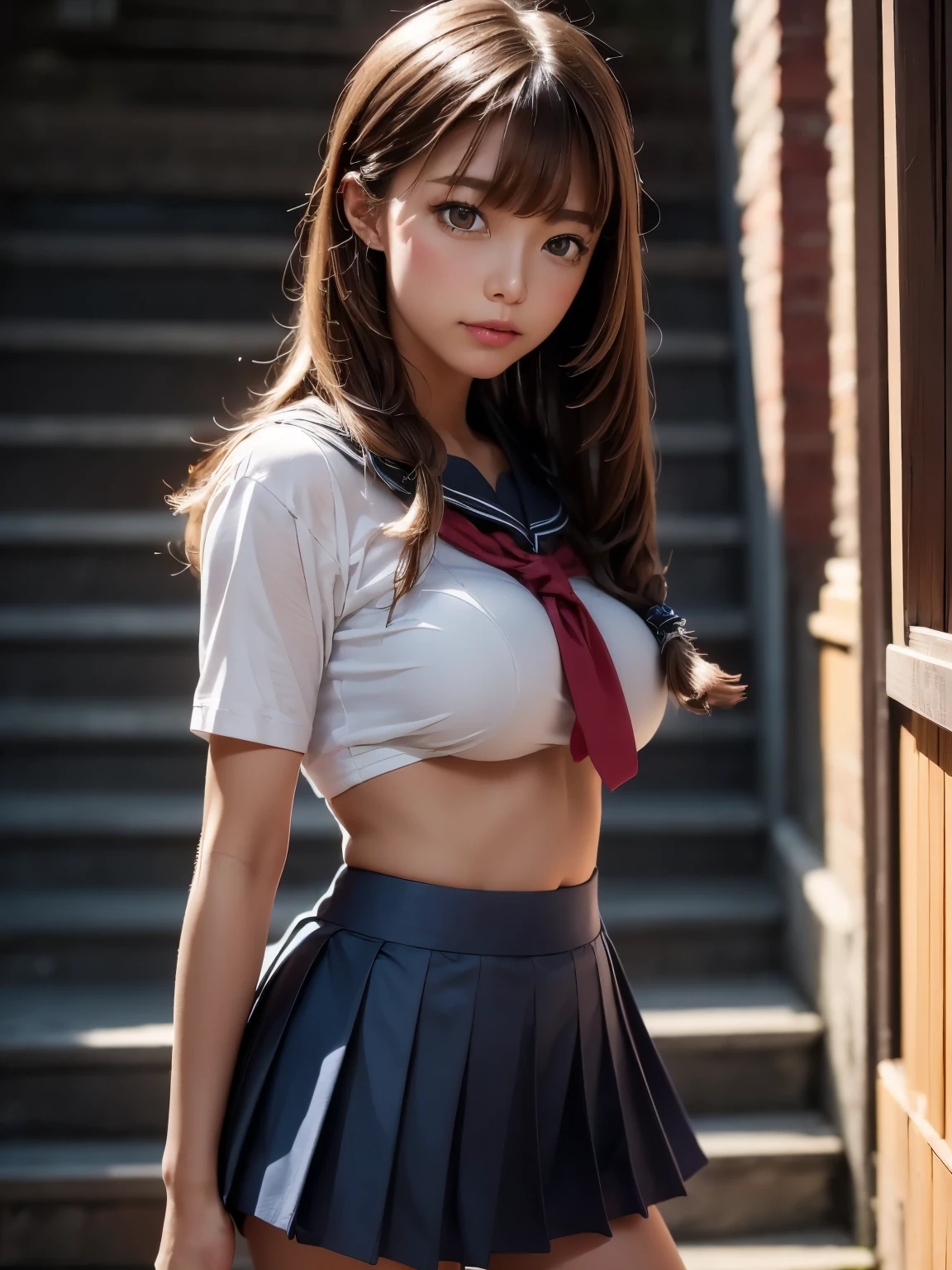(top quality, masterpiece), 1girl, intricate details, (shading realistic lighting), huge file size, high resolution, atmosphere, mystical, romanticism, literature, art, fashion, elegant, realistic, (perfect anatomical depiction of the human body), age girl is dressed as a schoolgirl of Japan and is doing a Japan sword demonstration and raising her legs, (holding a sword and having a beautiful posture), Serious expression as if in battle, The girl is a brunette Japan with pigtails with whitening skin blue eyes and partially braided hair, japanese, (very big), (super big), (thin waist), (fleshy big buttocks hanging down), (thin thighs), (baby face), (crimson ribbon tie with smooth thin fabric neat white blouse), ( blouse breasts are very cramped), (no bra), (dark areola), (blouse crushes large breasts and spreads to the side), (dark blue tartan checked micro mini pleated skirt), (white and large panties covering the buttocks), (no skin exposed on the upper body)), (neat clothes with all buttons fastened), (blouse hem tucked inside the skirt), ( Stomach, back and chest are hidden by blouse and cannot be seen directly), (Beautiful big blue eyes), (Thin and clear double eyelid lines in the eyes), (Glossy, plump and brightly toned tear bags under the eyes), (Light blue iris), (Some highlights on the iris and pupil), (Red representation of the conjunctiva), (Long eyelashes that are well visible), (Blouse with super big), ( skin and hair sparkling in the sunlight), daytime city shot, cameltoe, (beautiful pose with a sword), perfect hands, nice hands,
